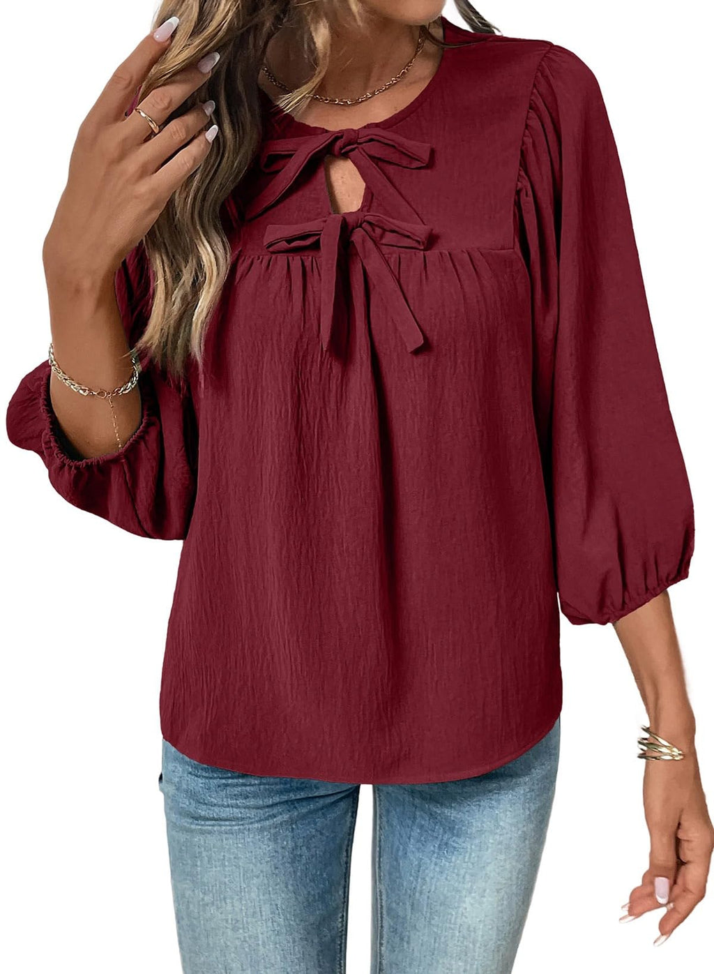 SHEWIN Womens Tops 3/4 Sleeves Blouse Babydoll Dressy Casual Top Elegant Bow Tie Loose Ladies Shirts 2026