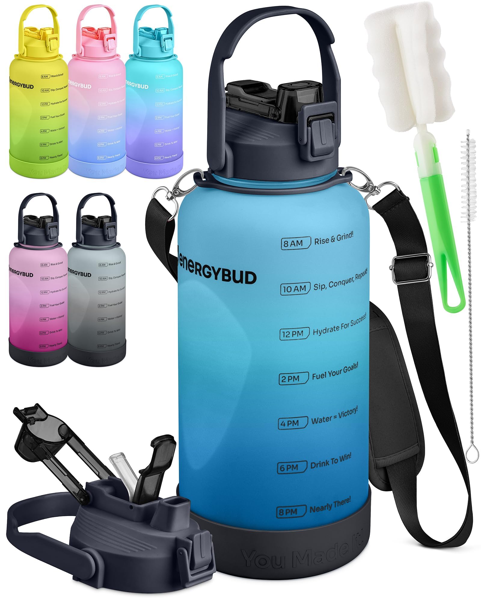 1/2 Gallon Water Bottle with 74.3 oz Capacity - Motivational Time Markers for Daily Hydration Goals - Leakproof BPA Free Tritan with Removable Straw