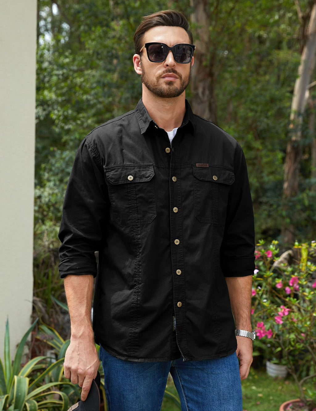 Eisctnd Men's Long Sleeve Cotton Work Shirt Casual Loose Fit Button Down Shirts with 2-Pocket for Outdoor Safari