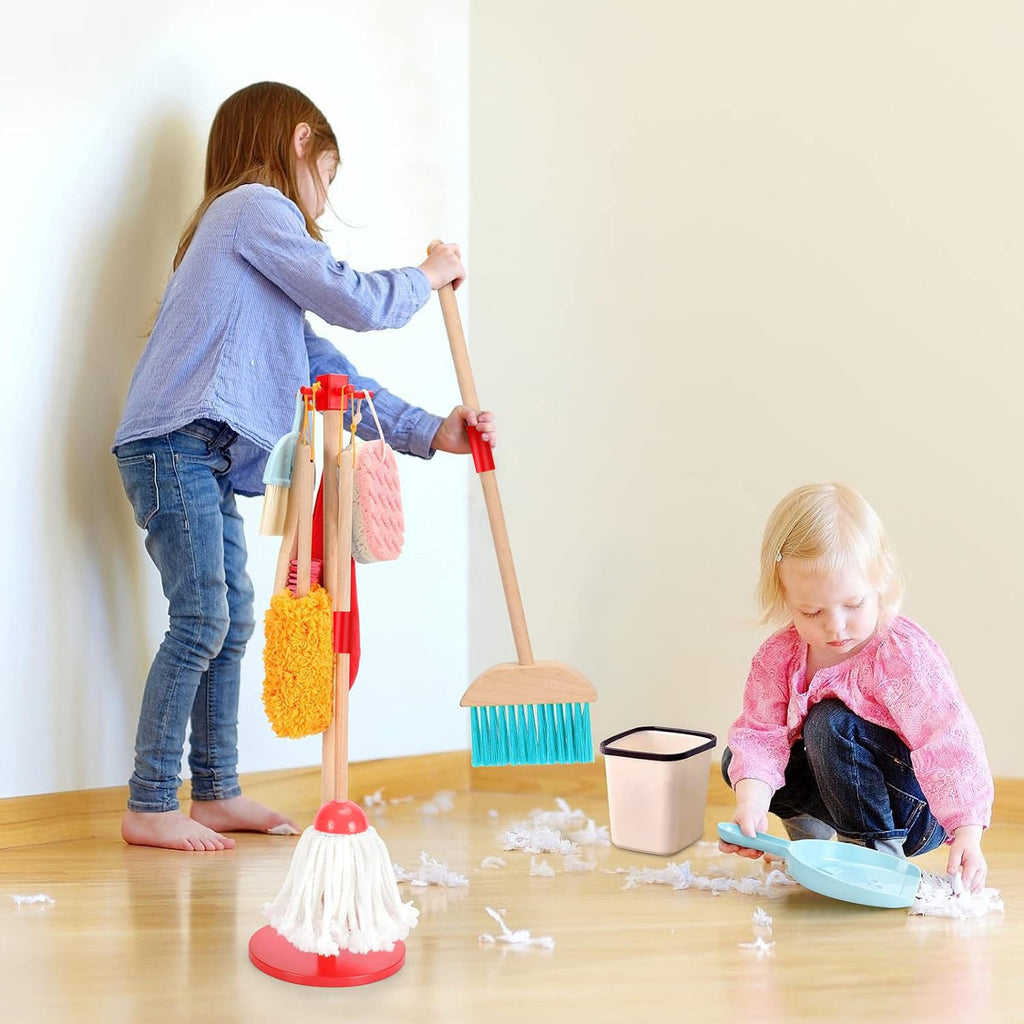 WHOHOLL Wooden Kids Cleaning Toy Set Toddler Broom and Dustpan Set for Housekeeping 9 Pcs Broom and Mop Set for Toddlers 3-6, Cleaning Toys with Sponge, Christmas Birthday Gifts for Boys Girls