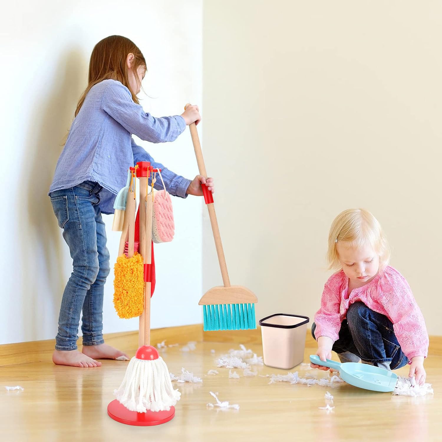 WHOHOLL Wooden Kids Cleaning Toy Set Toddler Broom and Dustpan Set for Housekeeping 9 Pcs Broom and Mop Set for Toddlers 3-6, Cleaning Toys with Sponge, Christmas Birthday Gifts for Boys Girls