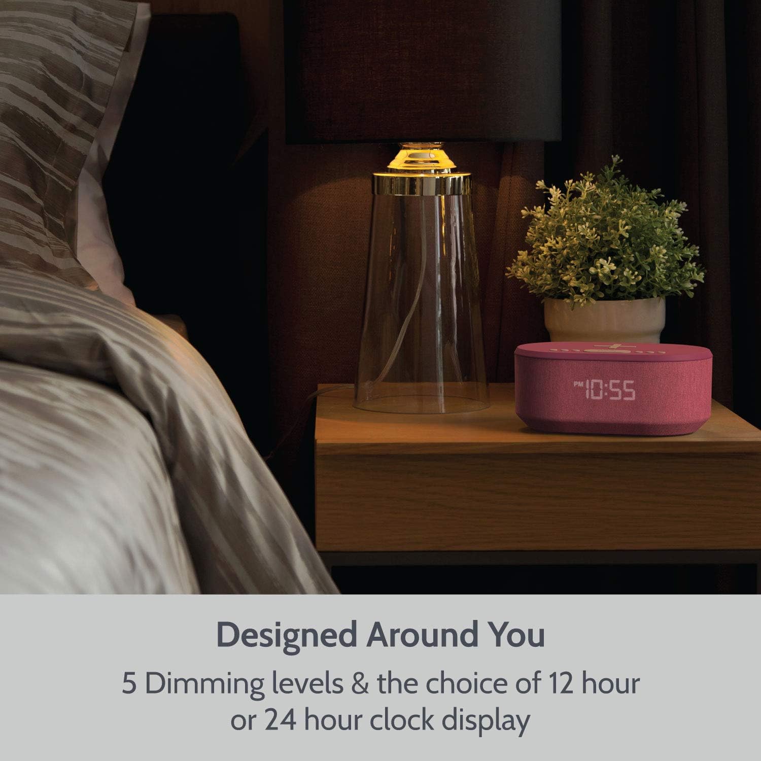 i-box Dawn, Alarm Clock Radio, Alarm Clocks for Bedrooms, FM Radio, Alarm Clock with Wireless Charging, Wireless Speakers with Bluetooth, Digital Alarm Clock, USB Port, Dimmable Night Light (Pink)