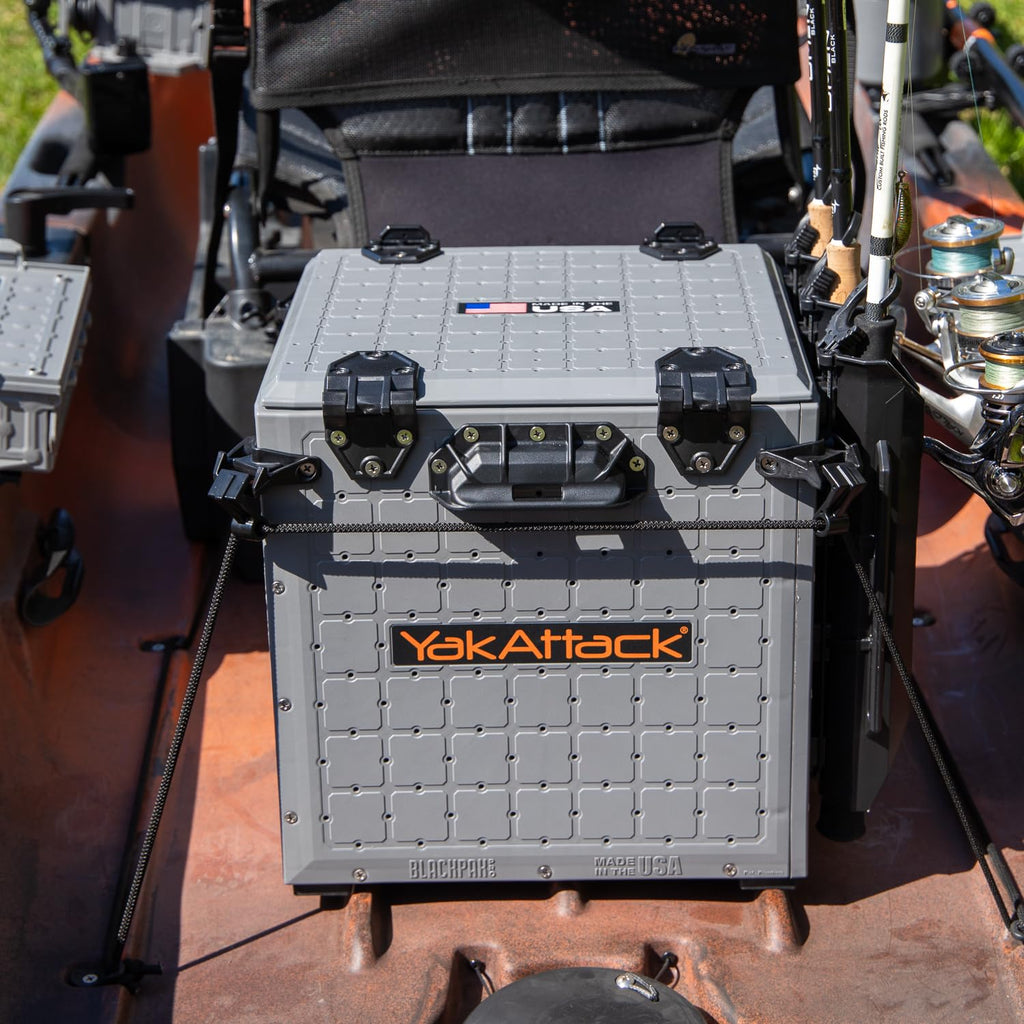 YakAttack BlackPak Pro 13" x 13" Fishing Crate with 3 Rod Holders - Battleship Grey | Compact Tackle Storage Box & Gear Organizer for Kayaks | Lightweight, Durable & Customizable Marine Accessory