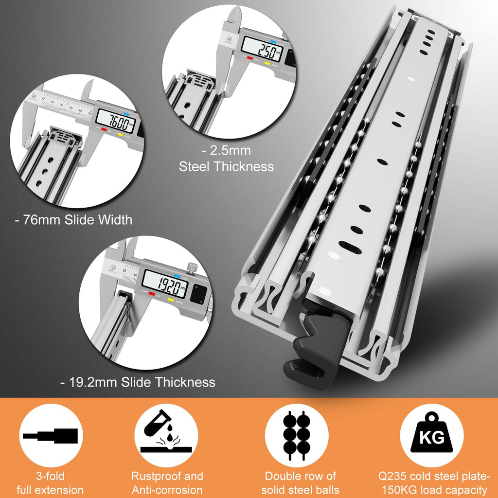 VADANIA 12" Heavy Duty Drawer Slide with Lock #D51, 150lb Load Capacity, 3-Fold Full Extension, Ball Bearing Lock-in & Lock-Out, Side Mount, 1-Pair