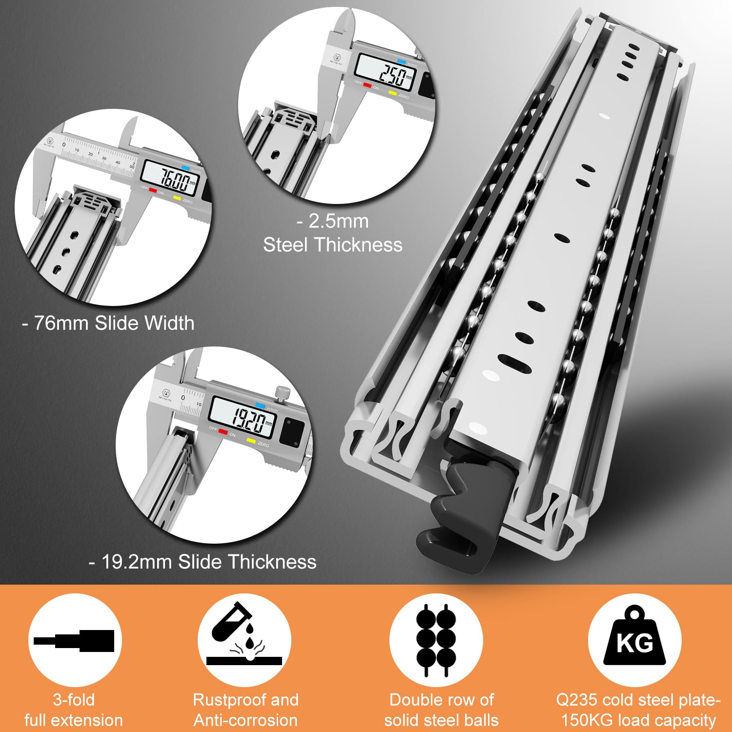 VADANIA 12" Heavy Duty Drawer Slide with Lock #D51, 150lb Load Capacity, 3-Fold Full Extension, Ball Bearing Lock-in & Lock-Out, Side Mount, 1-Pair