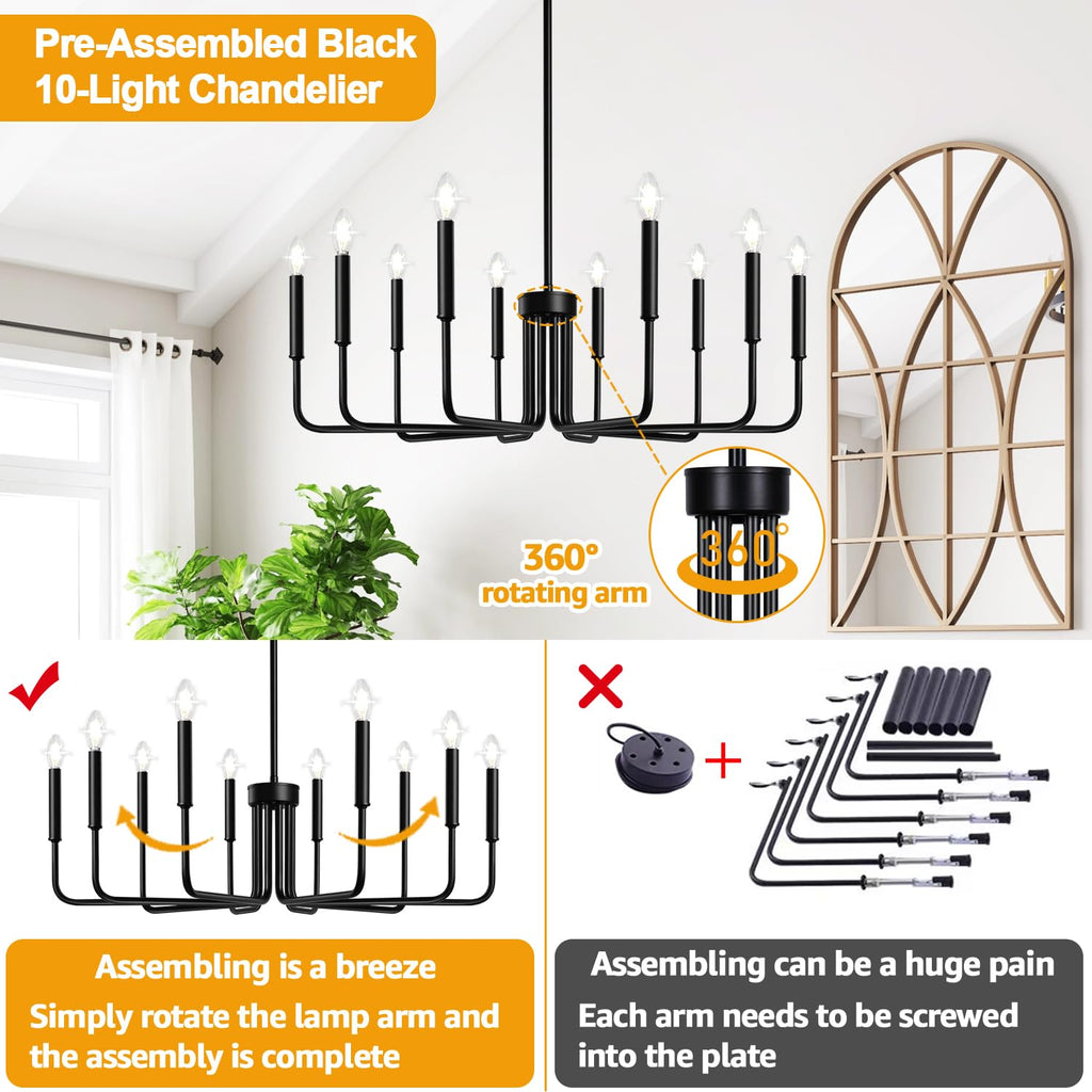 Rustic Black Chandelier, 6-Light Antique Farmhouse Chandelier for Dining Room Lighting Fixtures, Vintage Candle Pendant Light Fixtures Chandeliers for Dining Room Bedroom, Foyer and Living Room