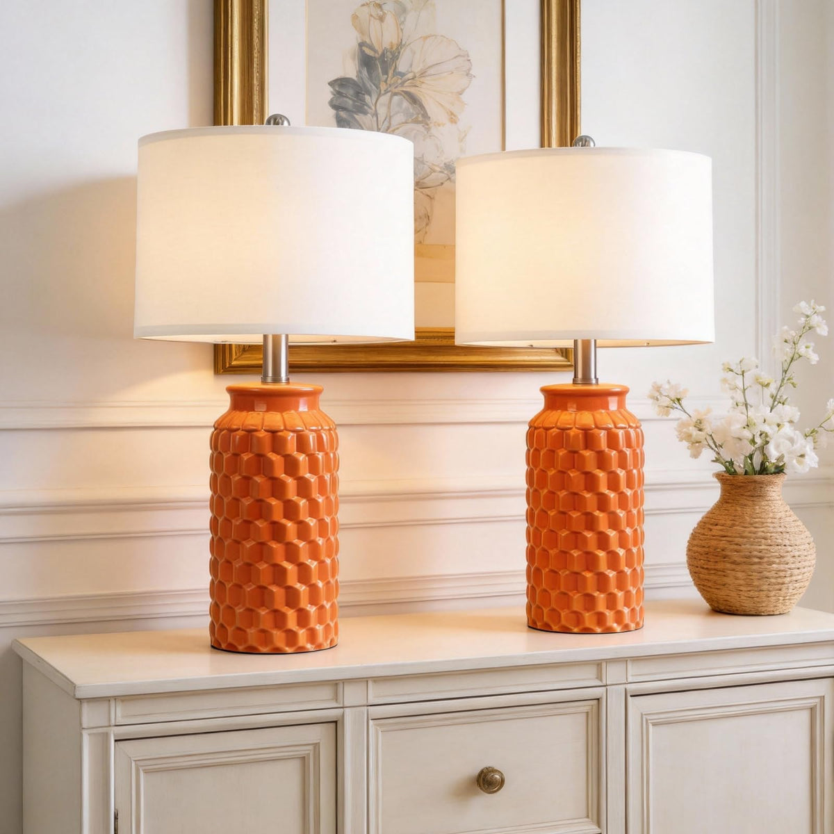USumkky 20.5" Gold Modern Ceramic Bedside Lamp Set of 2 for Bedroom Decor Farmhouse Table Lamp for Living Room Office Dorm