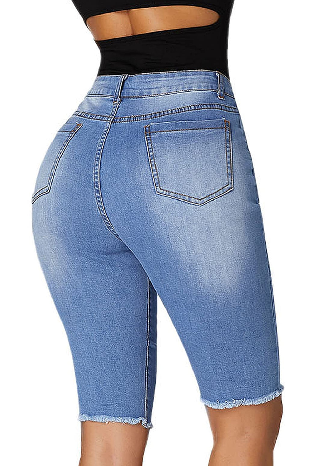 roswear Womens Ripped Stretchy Long Jean Shorts Mid Rise Frayed Cut Off Bermuda Shorts