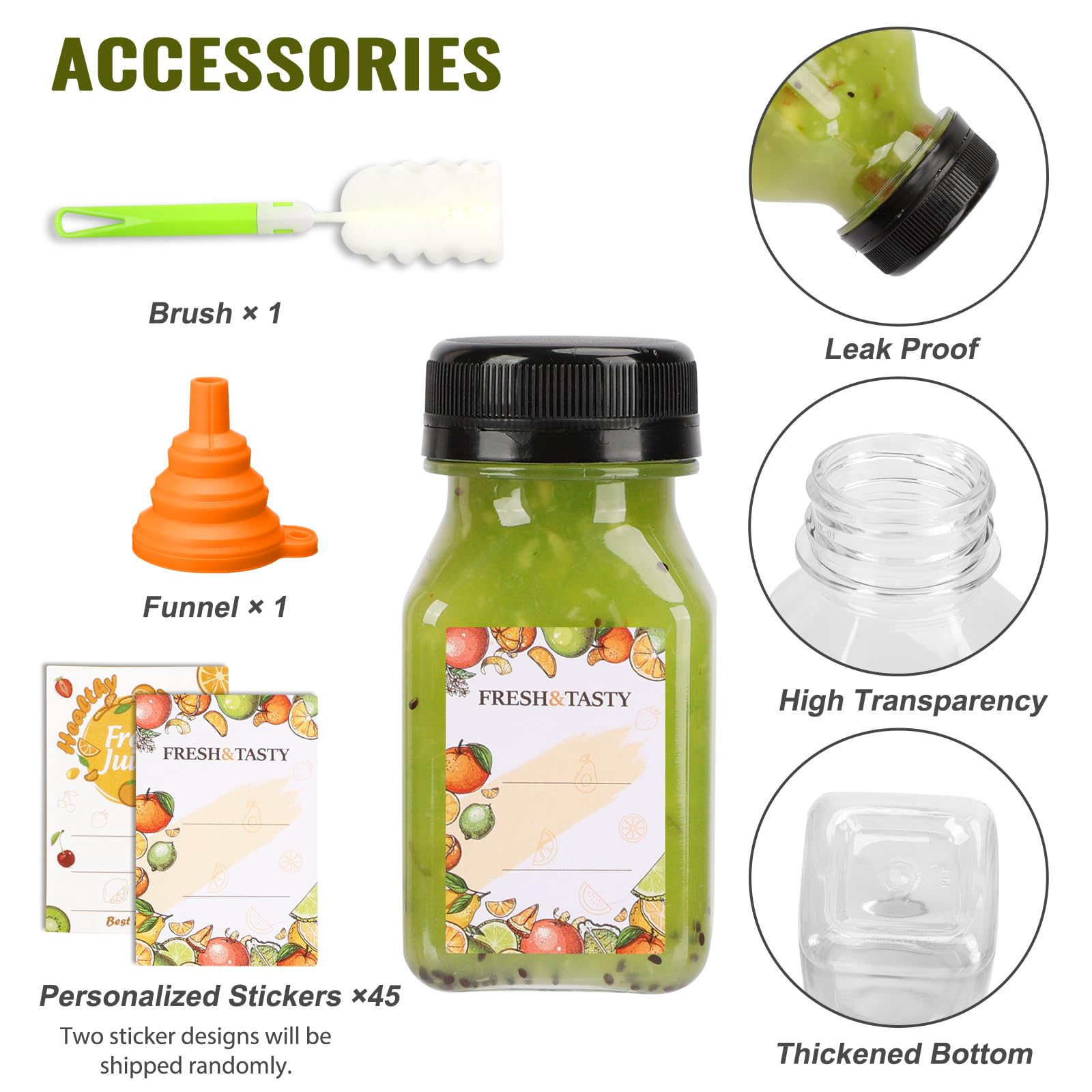 TOMNK 45pcs 2oz Plastic Shot Juice Bottles with Caps, Ginger Shot Bottles, Reusable Clear Bulk Beverage Containers for Ginger Shot, Juice, Milk, and Other Beverages
