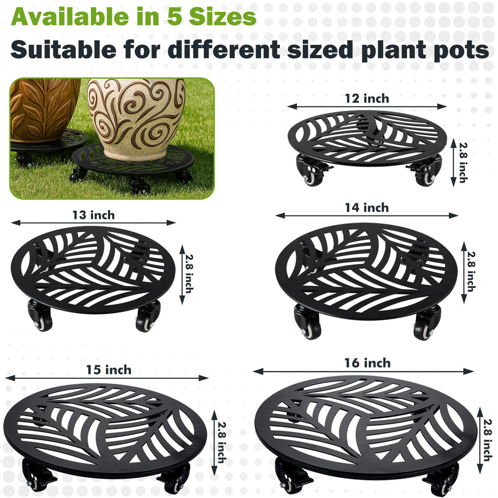 1 Pack 12 inches Large Metal Plant Caddy with 3 PU Metal Wheels Rolling Plant Stand with Casters Indoor Outdoor Wheeled Planter Roller Base Pot Movers Plant Dolly Coaster Trolley Black
