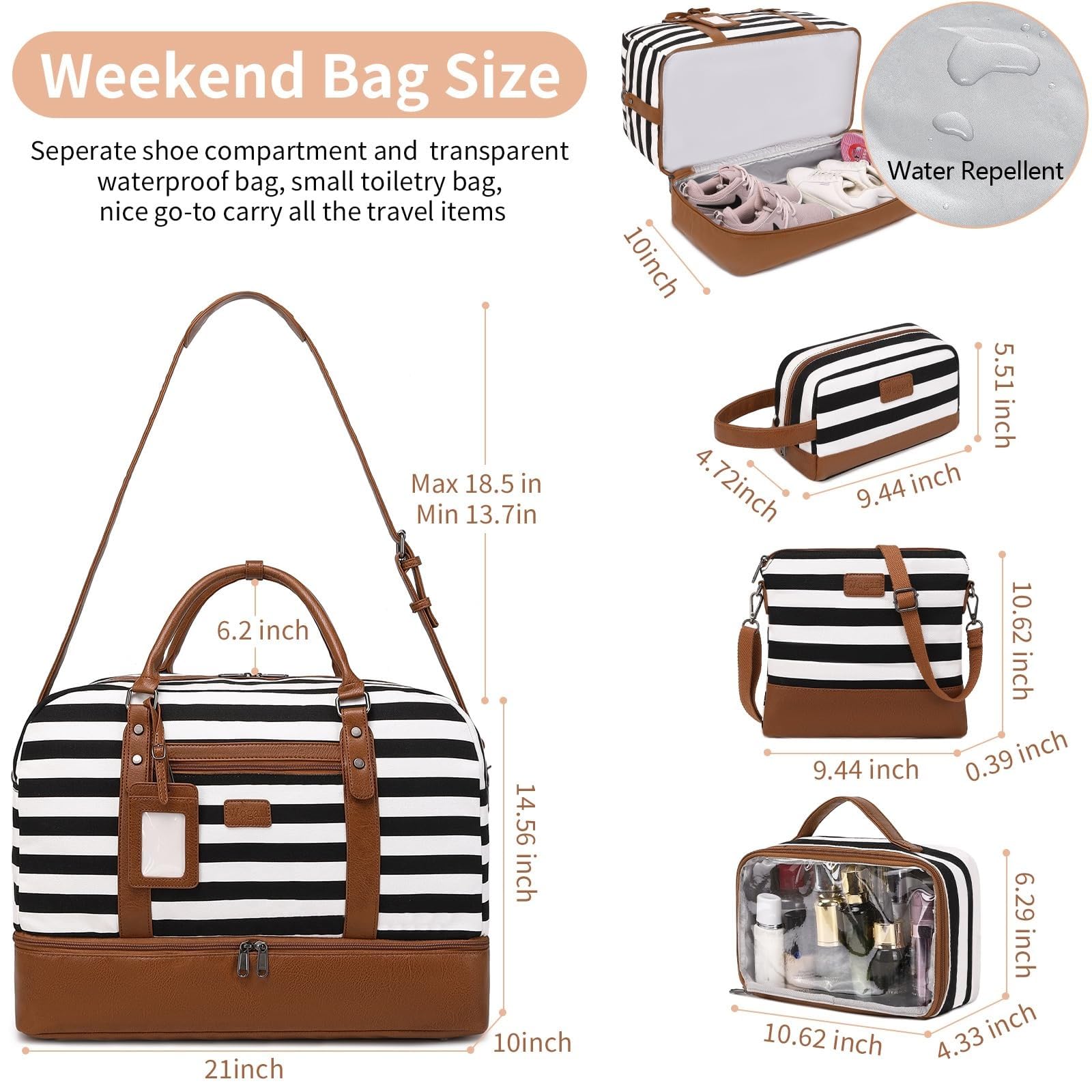 Wogarl 4PCS Weekender Bags for Women Large Overnight Weekend Travel Duffel Carry on Shoulder with Shoe Compartment Canvas Toiletry Bag for Travel Business Gym
