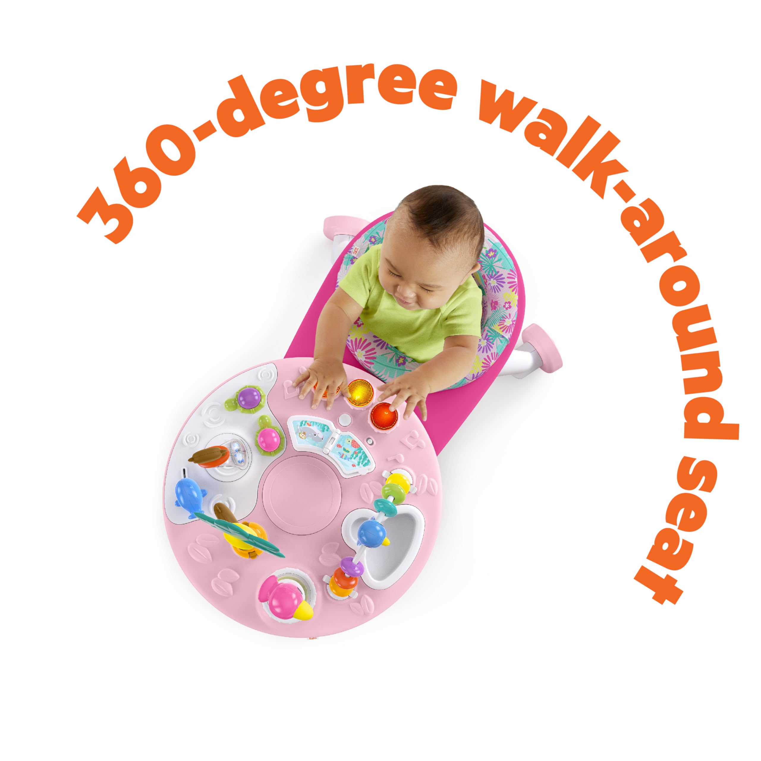 Bright Starts Around We Go 2-in-1 Baby Walker, Discovery Activity Center and Table, Tropic Cool, Ages 6 Months+