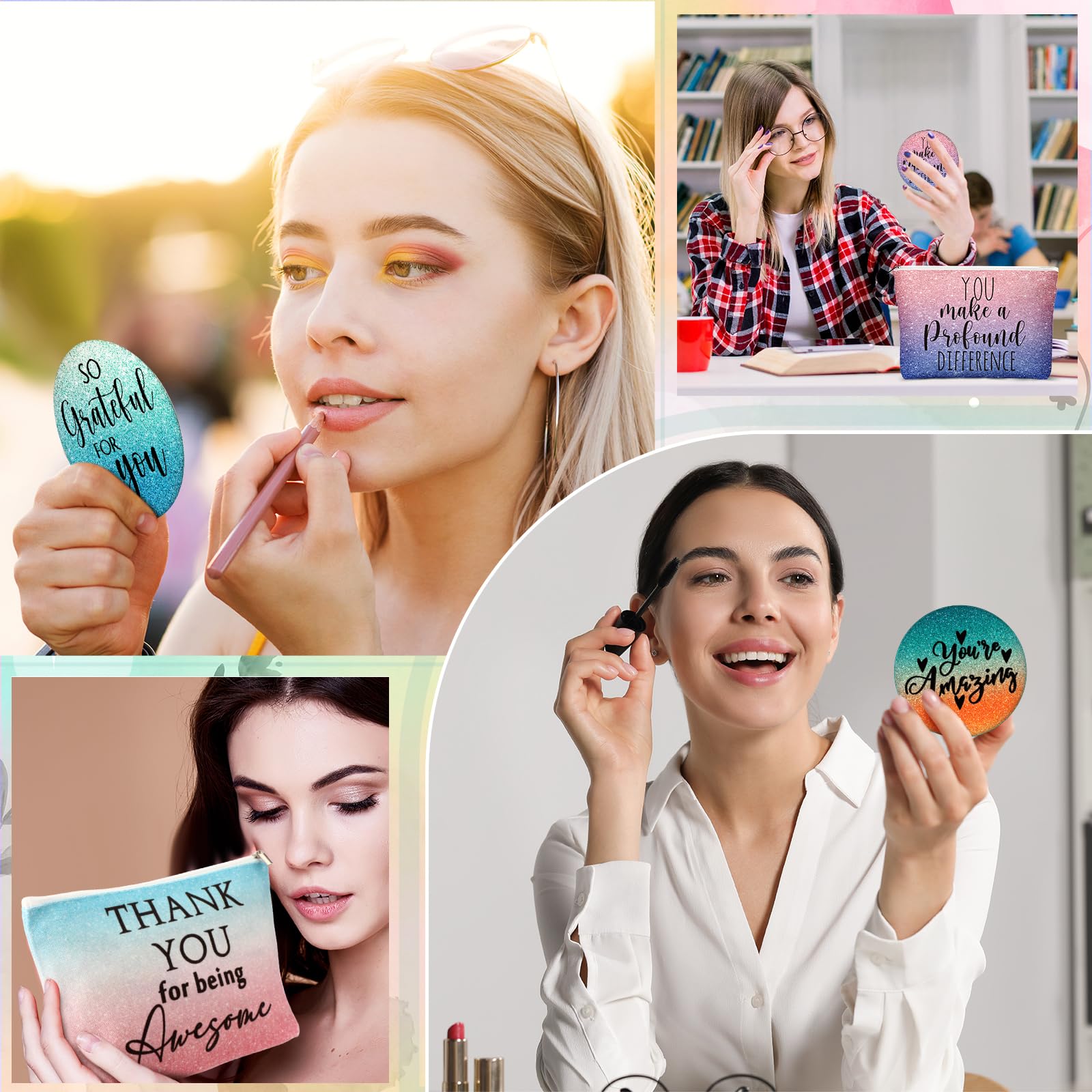 Vercraft 20 Pcs Employee Appreciation Gift for Women Inspirational Canvas Makeup Bag Portable Compact Mirror Bulk Cosmetic Bag Thank You Party Favor for Women Coworker Nurse (Bohemian,Boho)