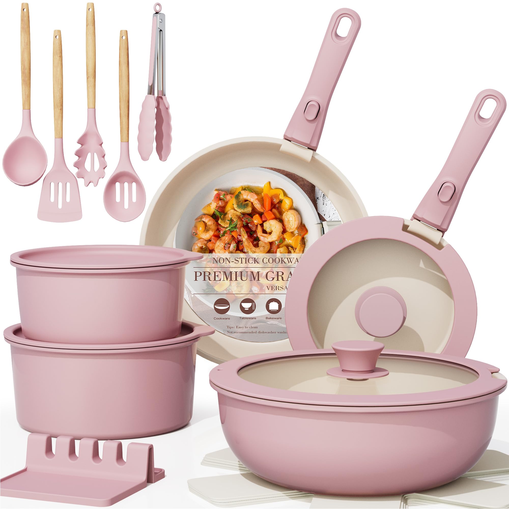 Astercook 21 Pcs Pots and Pans Set Non Stick, Ceramic Cookware Set Detachable Handle, RV Kitchen Cooking Set Removable Handles, Oven Safe, Induction Ready, Stackable, Black, Mothers Day Gifts
