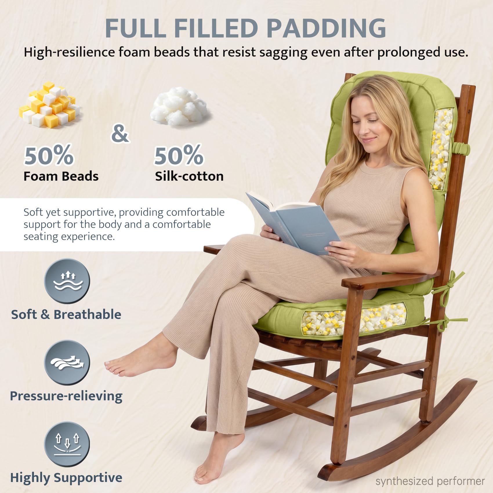 mudilun Rocking Chair Cushion - Non-Slip Tufted 4-Inch Thickened Rocking Chair Cushions with Ties Indoor/Outdoor Wooden Rocking Chair Pad for Living Rooms, Bedrooms, and Balconies