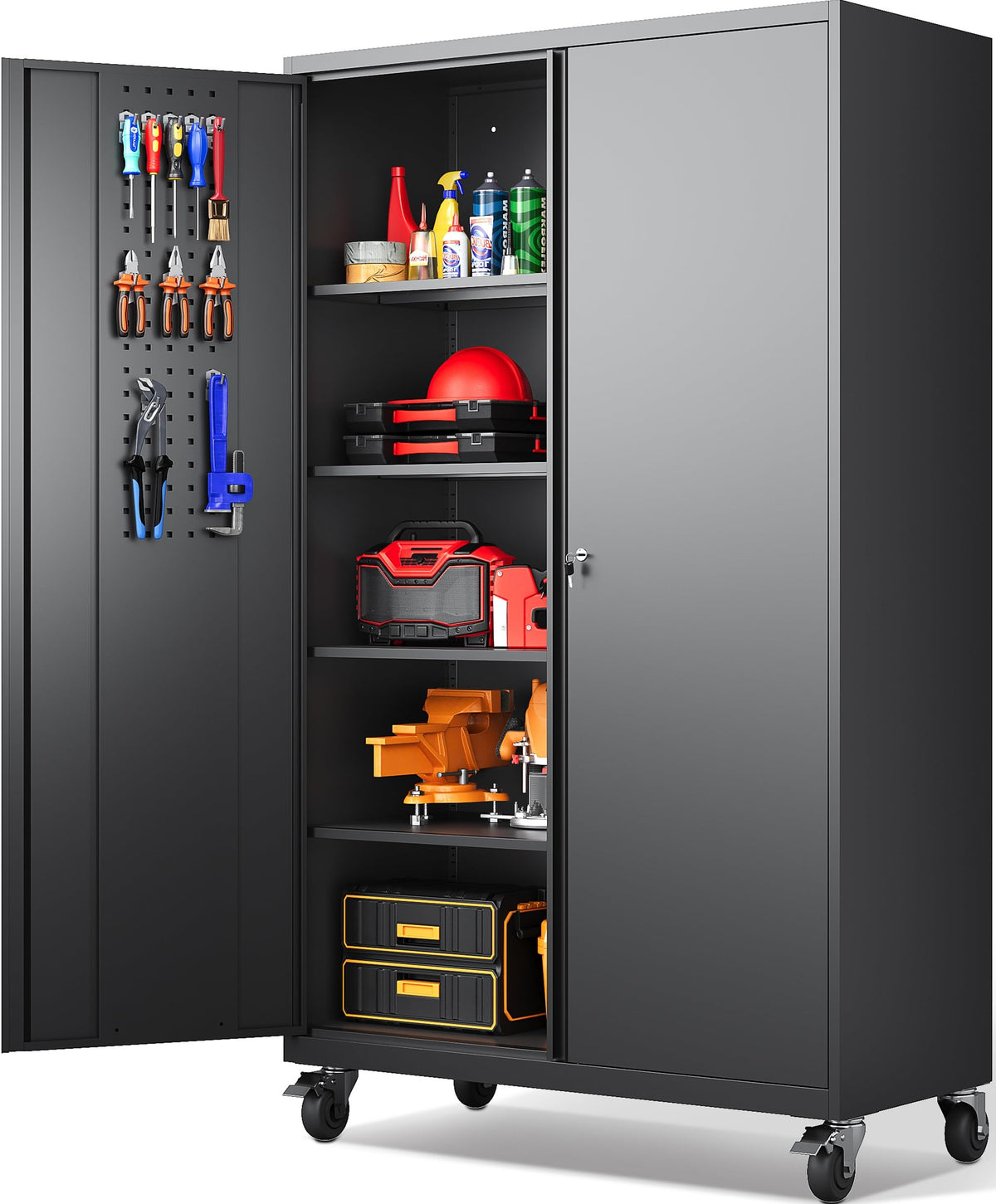 SISESOL Wide & Deep Metal Storage Cabinet with Wheels,Tall Rolling Garage Storage Cabinet with Lock,Black Metal Cabinets with Pegboards and Shelves,Tool Locker for Garage,Home,Office,43''Wx 20''Dx71"H