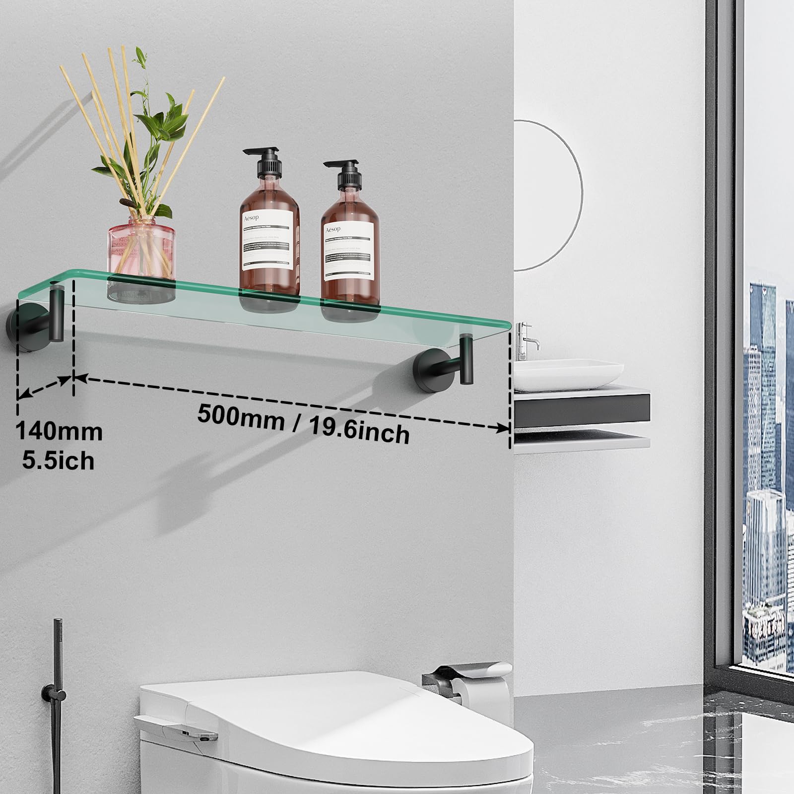 Glass Bathroom Shelves,Brushed Gold Floating Shelves for Wall Rectangular Modern Stainless Steel Glass Shelf for Bathroom Shelves wall Mounted 16 Inch