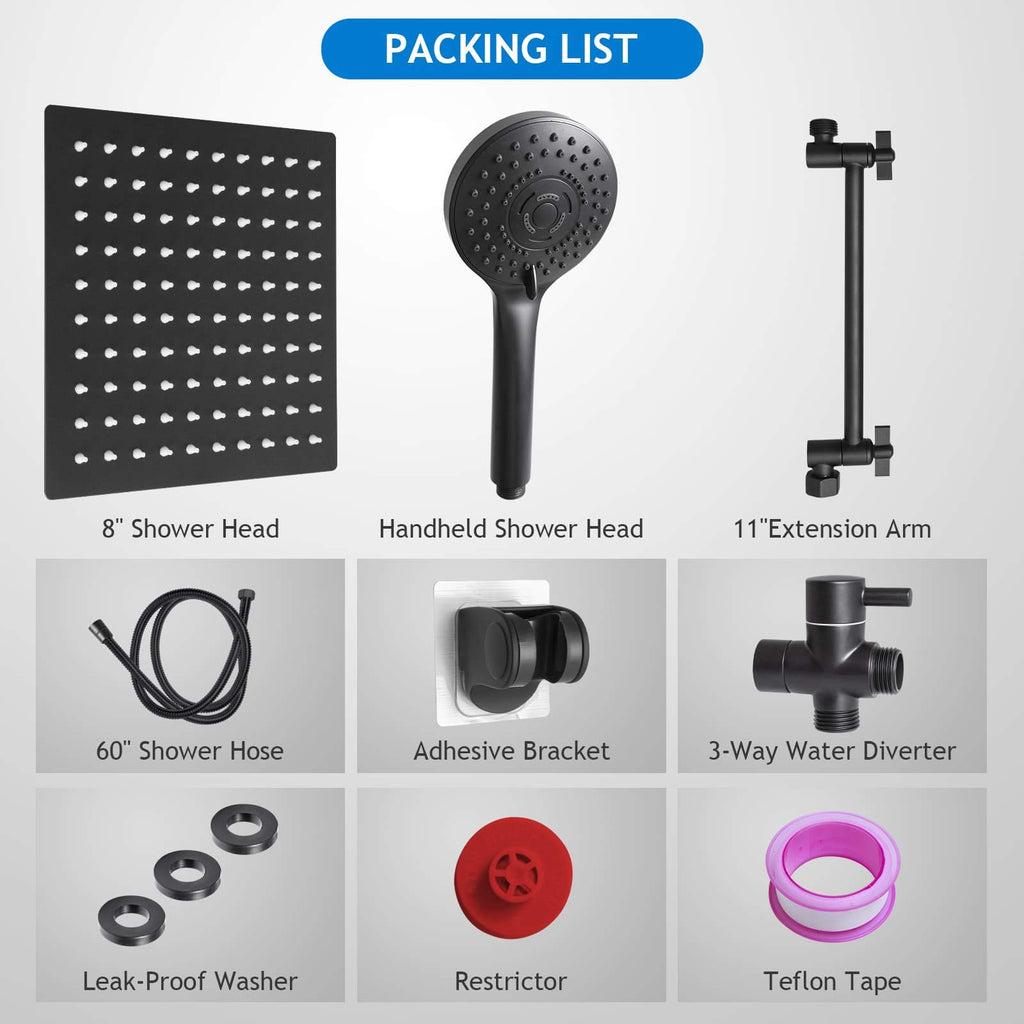 Shower Head Combo(Brushed Nickel),8 Inch High Pressure Rain Shower Head with 11 Inch Adjustable Extension Arm and 5 Settings Handheld Shower Head Combo,Powerful Shower Spray Against Low Pressure Water