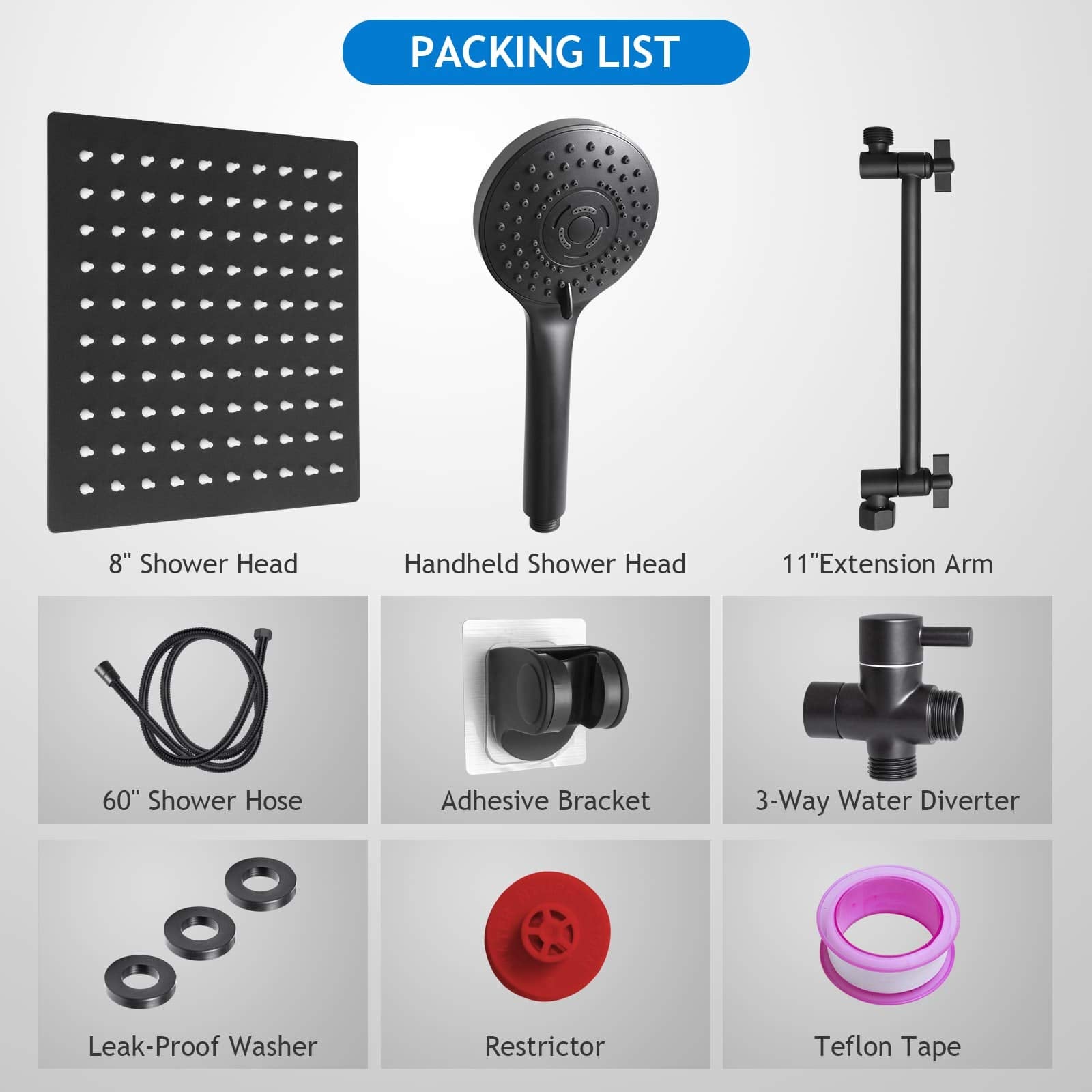 Shower Head Combo(Brushed Nickel),8 Inch High Pressure Rain Shower Head with 11 Inch Adjustable Extension Arm and 5 Settings Handheld Shower Head Combo,Powerful Shower Spray Against Low Pressure Water