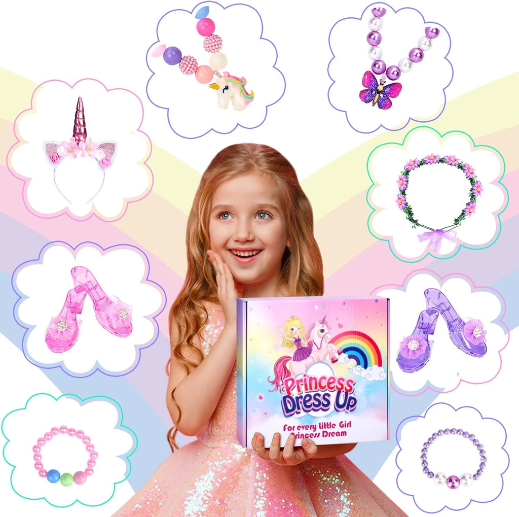 Princess Dress Up for Girls 3-6, Toddler Dress Up Clothes, Unicorn & Flower Hairbands, Princess Shoes Toy, Tutu, Wings, Jewelry, Pretend Play Toddler Girl Toys for Halloween Christmas Birthday Gifts