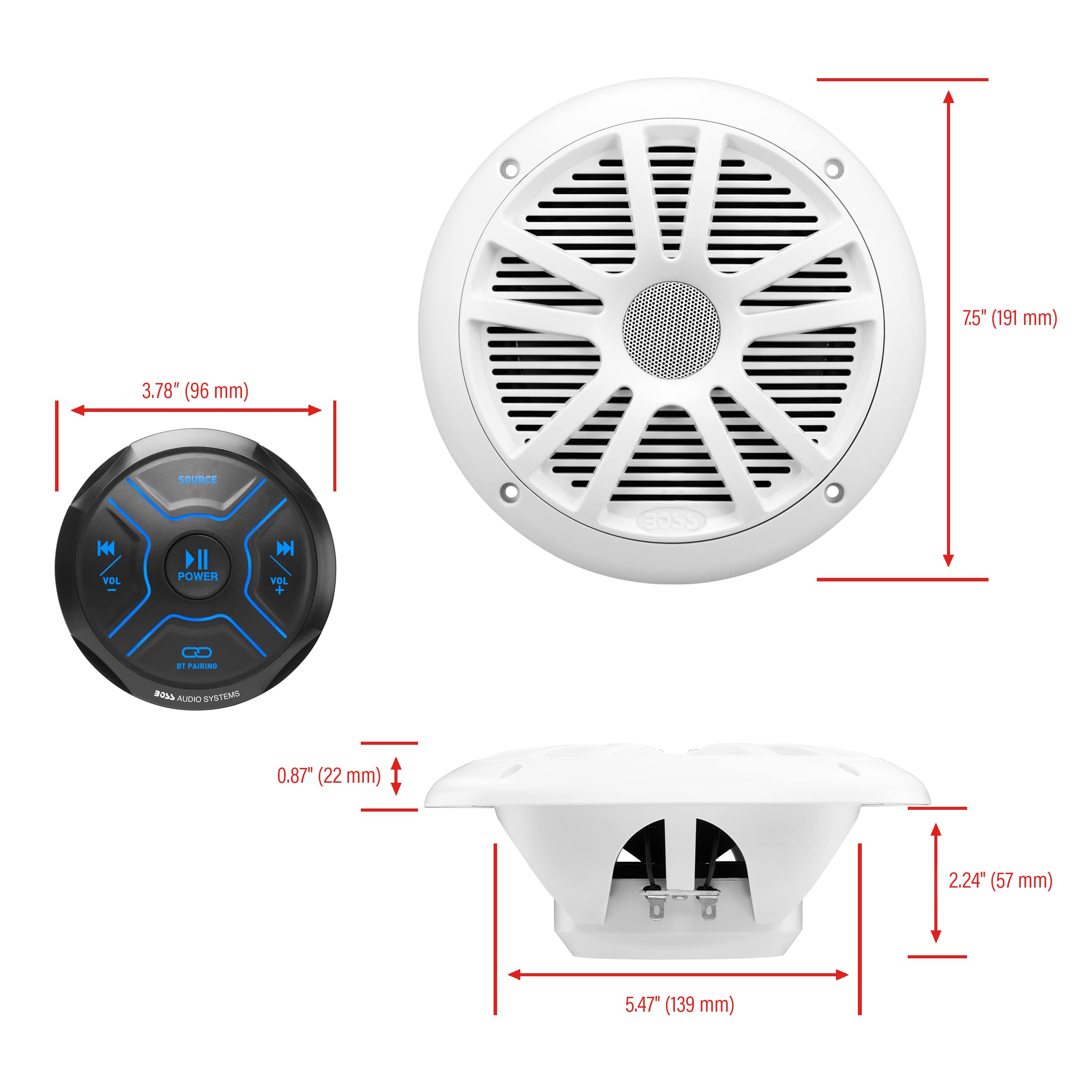 BOSS Audio Systems MGR250B Bluetooth Marine Radio Gauge Receiver, Built-In Amplifier, IPX6-Rated, USB Port + USB Charging