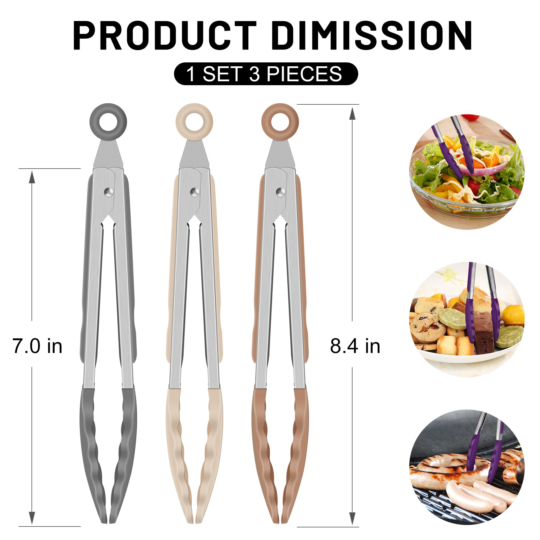 Hotec Mini Silicone Kitchen Tongs for Cooking - 7-Inch Small Serving Tongs with Silicone Tips, Set of 3 (Black)