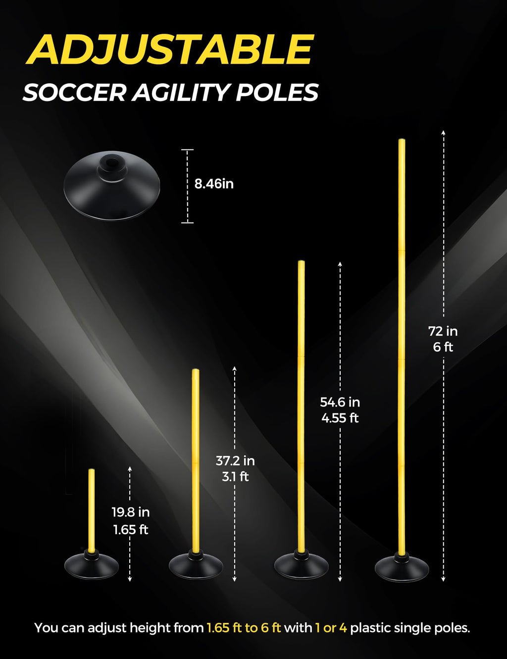 SEAOTTER Soccer Agility Poles Set, 4/6/10 Pcs 6ft Detachable Sports Trainning Speed Poles Slalom Poles with Rubber Base, Agility Training Equipment for Football, Rugby, Basketball, Indoor & Outdoor
