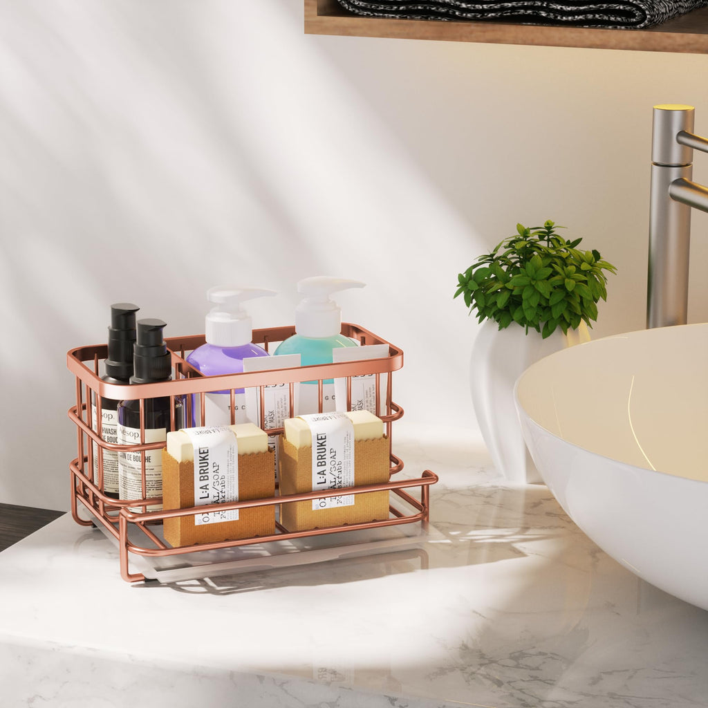 HapiRm Kitchen Sink Organizer, SUS304 Stainless Steel Rustproof Multifunctional Large Sink Caddy with Sponge Holder and Drain Tray for Kitchen Countertop (Silver)