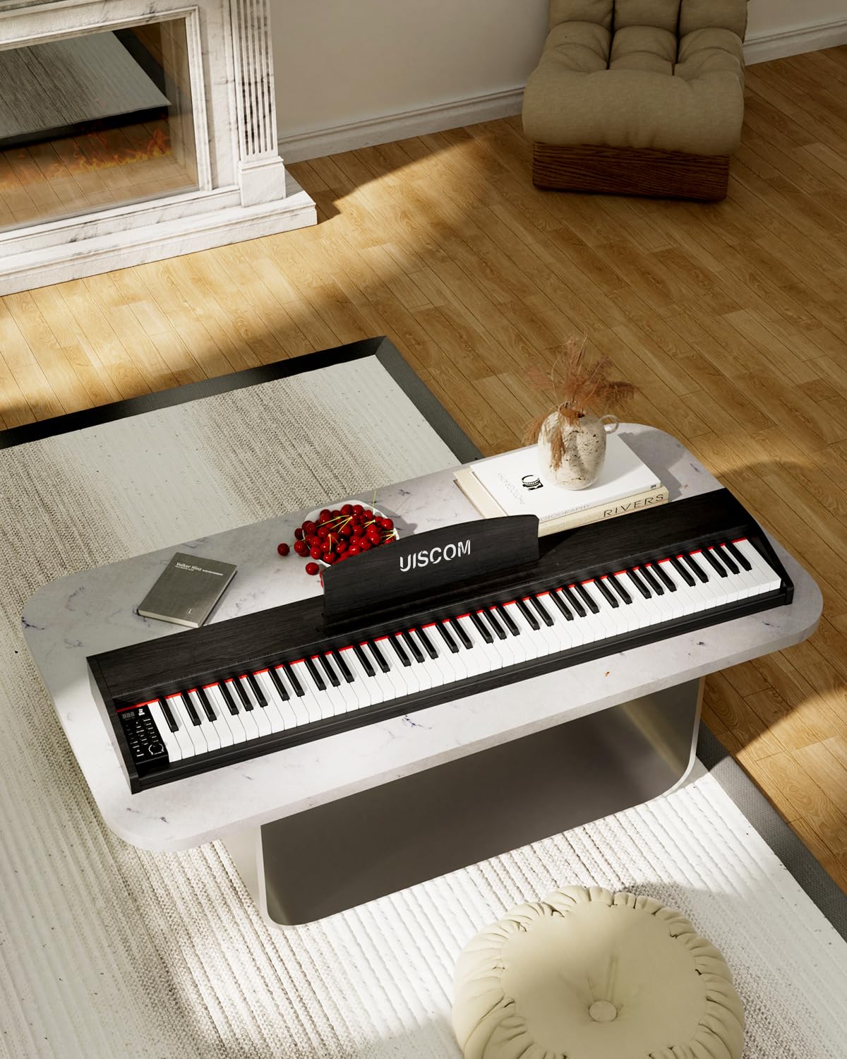 UISCOM Digital Piano Keyboard for Beginners, Full Size 88 Key Semi-Weighted Keyboard Electric Piano with Stand,Power Adapter,Sheet Music Stand,Pedal,Headphone,USB-MIDI Compatible,Wood Grain Apricot