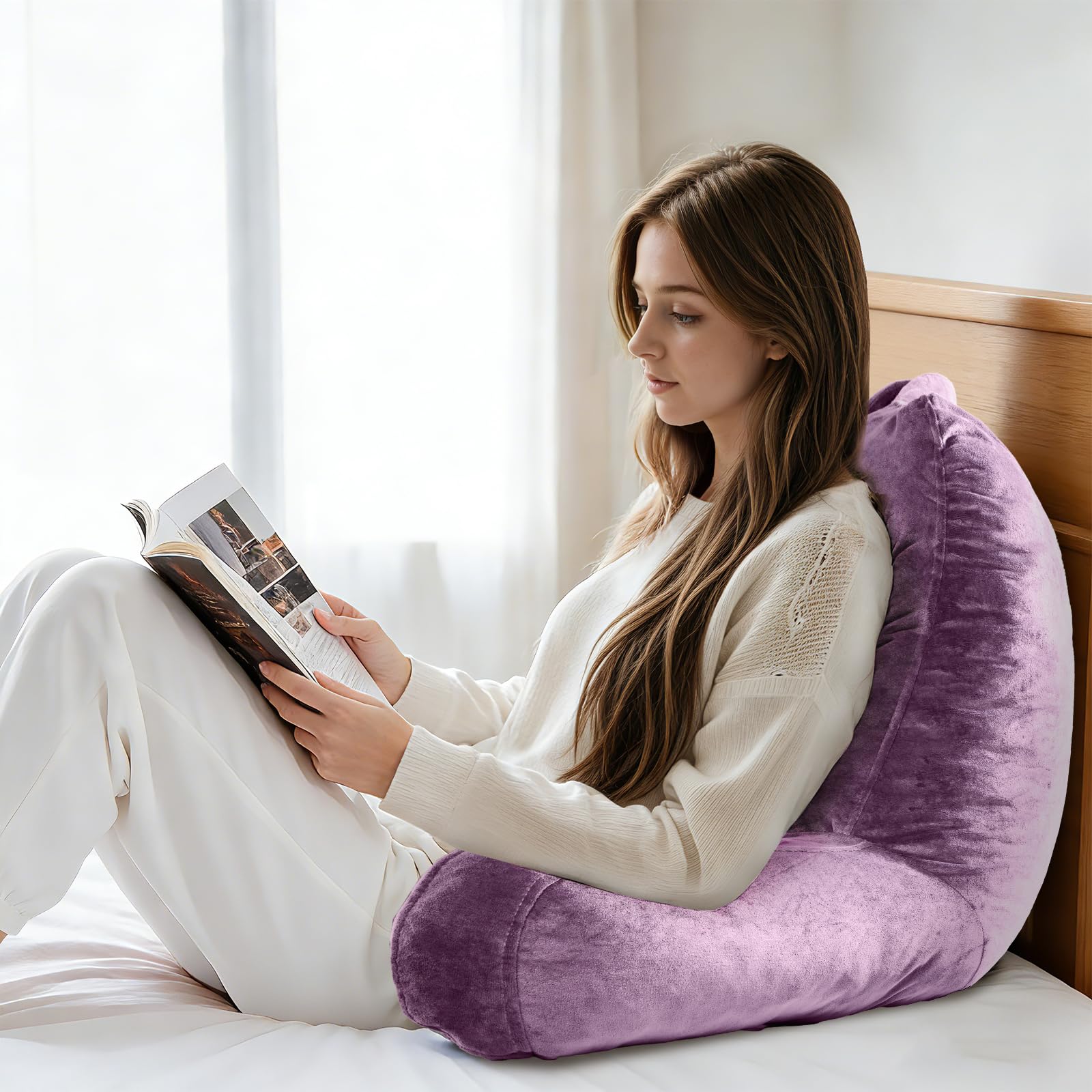 OAISZ Reading Pillow for Sitting in Bed Adult, Reading Pillow with Shredded Memory Foam, Bed Pillow with Washable Cover, Back Pillow Sitting Up with Extend Arms, Beige, X-Large