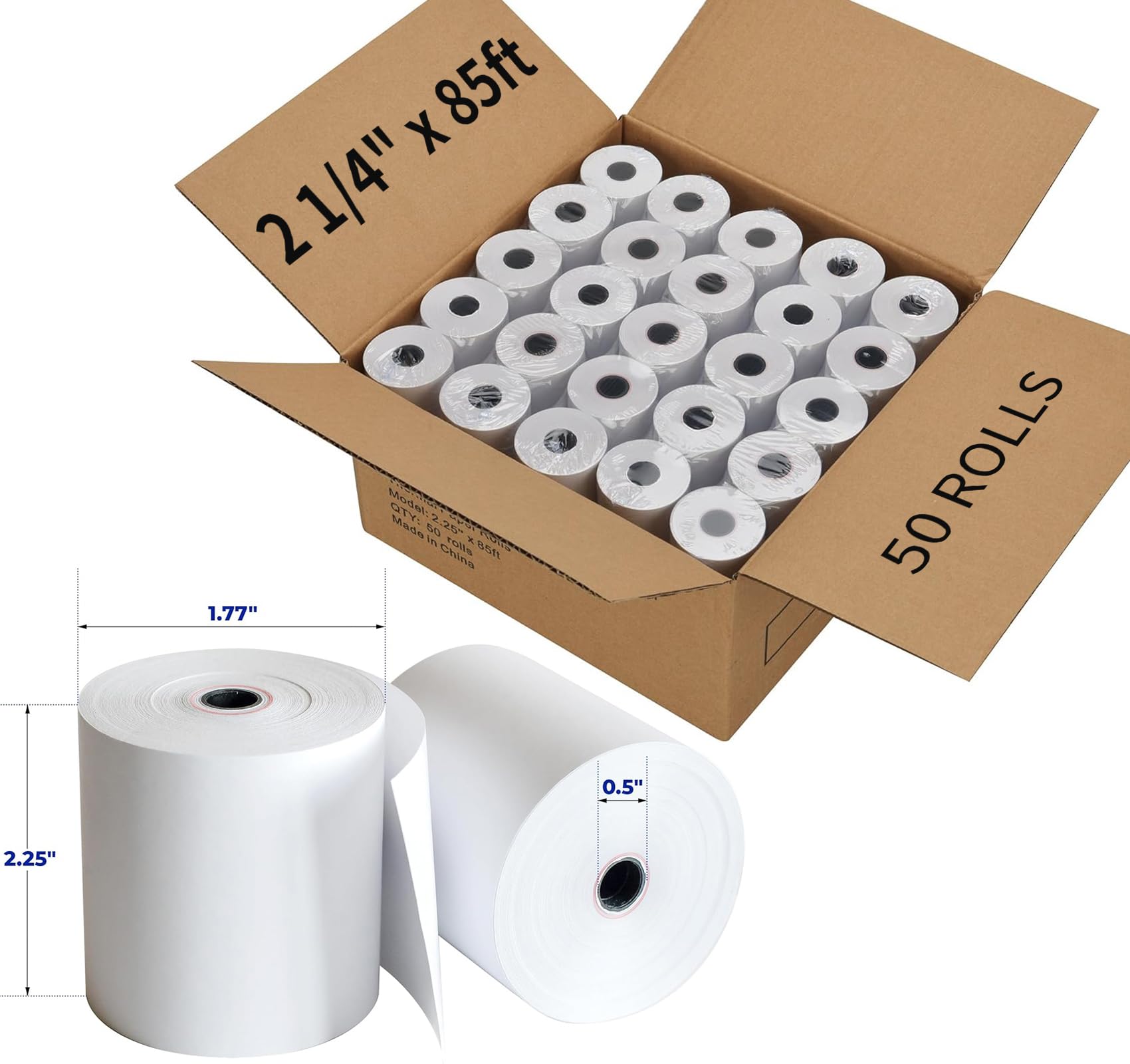 2 1/4'' x 50' Thermal Receipt Paper 50 Rolls, 2.25x50ft Receipt Roll Cash Register Paper - For Credit Card Machine POS Terminal Clover Mini Verifone