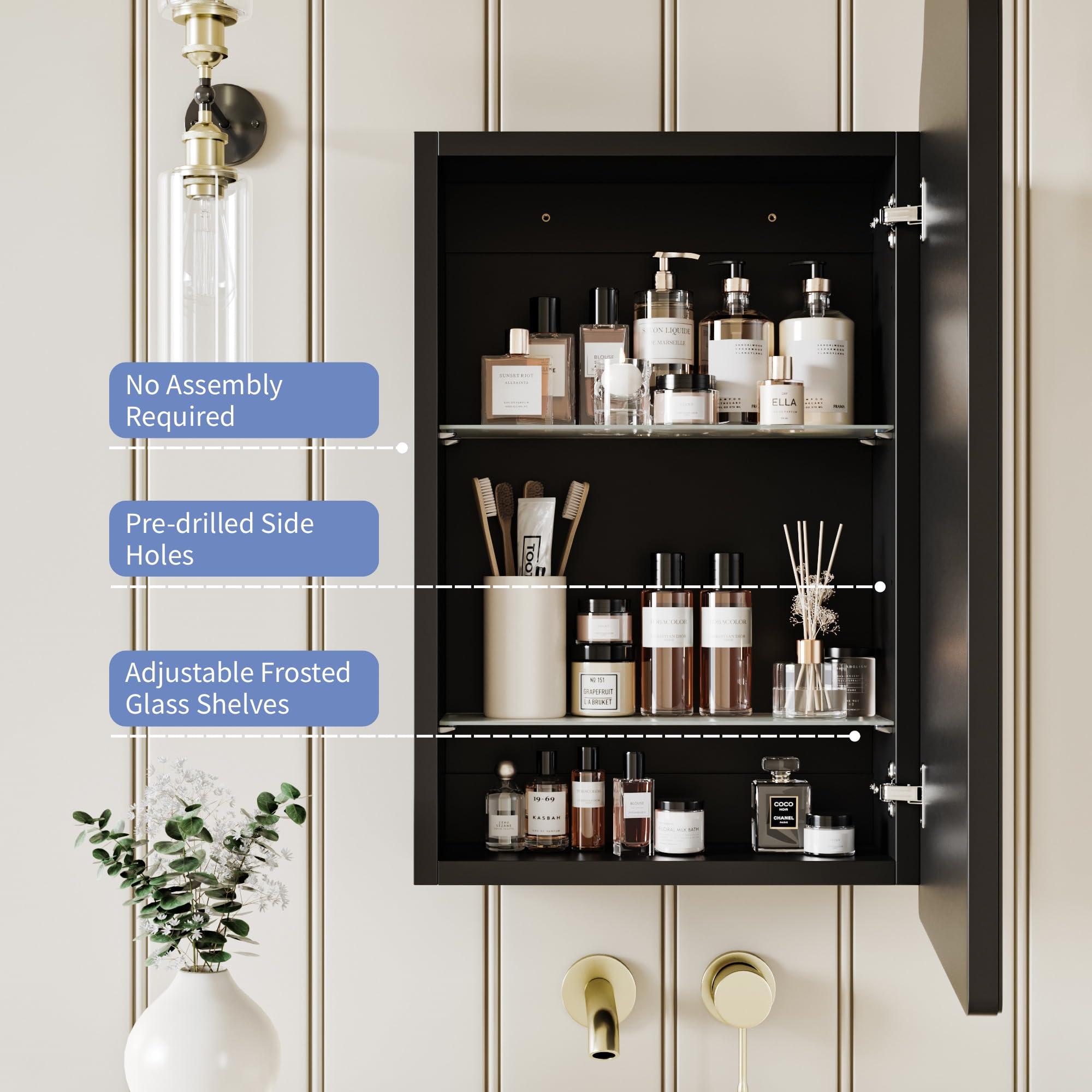 AGDULL Victorian Surface Mount or Recessed Medicine Cabinet, Wood Bathroom Wall Cabinet with Arched Mirror, Black, Left-Swing Door, Overall 16.5" W x 24" H