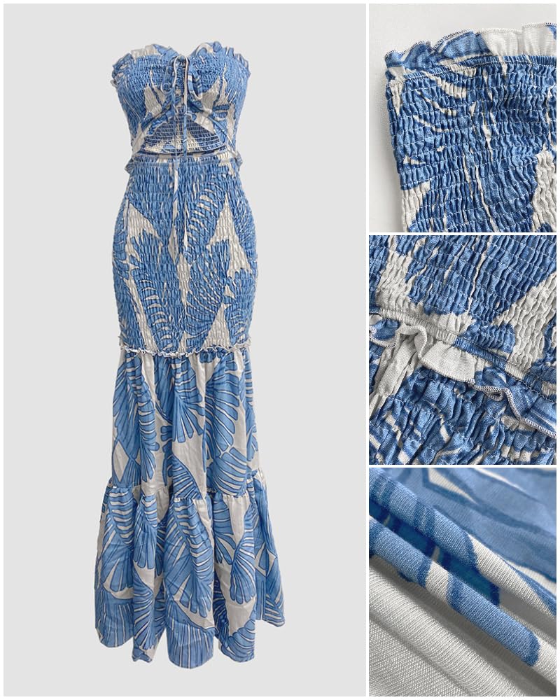 CHICME Floral Printed Vacation Dress Halter Tie Ruched Shirred Bandeau Party Dress Slim Ruffle Hem Wedding Guest Dress