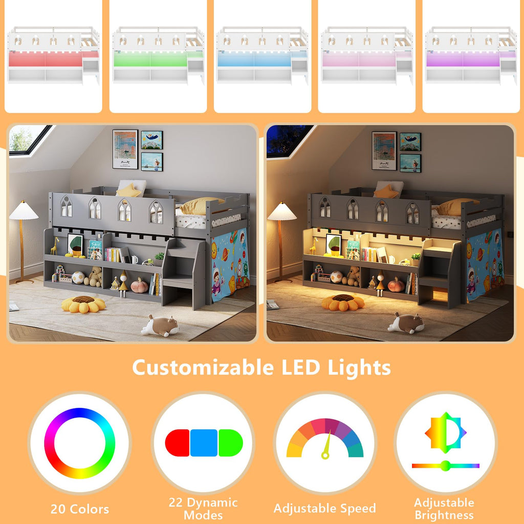 JOYMOR Low Loft Bed Twin Size with LED Lights, 4 Storage Shelves, Removable Curtain, Kids Wood Loft Bed with 15" H Safety Guardrail, Spave Saving, Mattress Not Included (Gray)