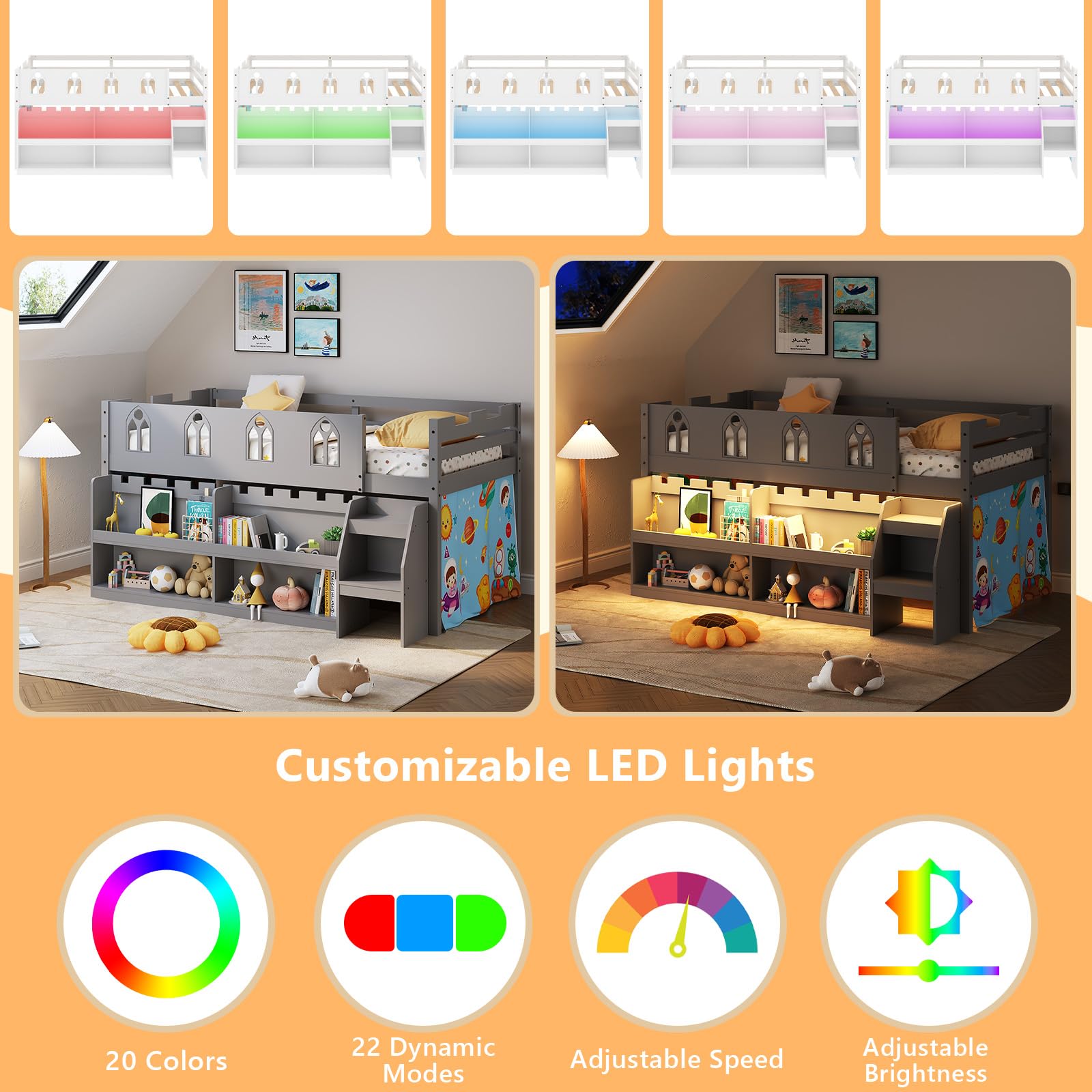 JOYMOR Low Loft Bed Twin Size with LED Lights, 4 Storage Shelves, Removable Curtain, Kids Wood Loft Bed with 15" H Safety Guardrail, Spave Saving, Mattress Not Included (Gray)