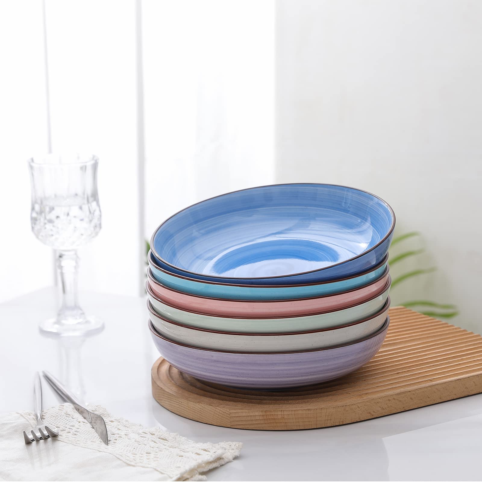 Selamica Ceramic 7.8 inch pasta bowls, 26 Ounce large serving porcelain salad soup bowls, dishwasher microwave safe, set of 6 (Black)