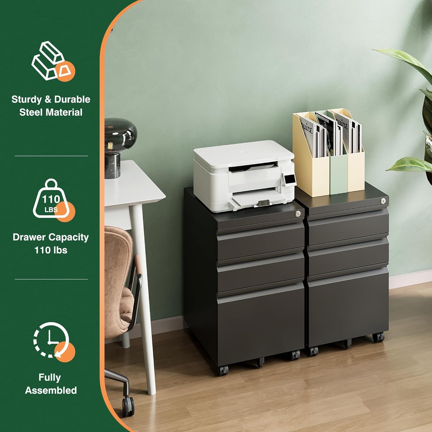 Letaya 3 Drawer Mobile File Cabinet with Lock,Under Desk Metal Small Filing Cabinets for Home Office Organizer Letters/Legal/A4(Fully Assembled Except Wheels-Black)