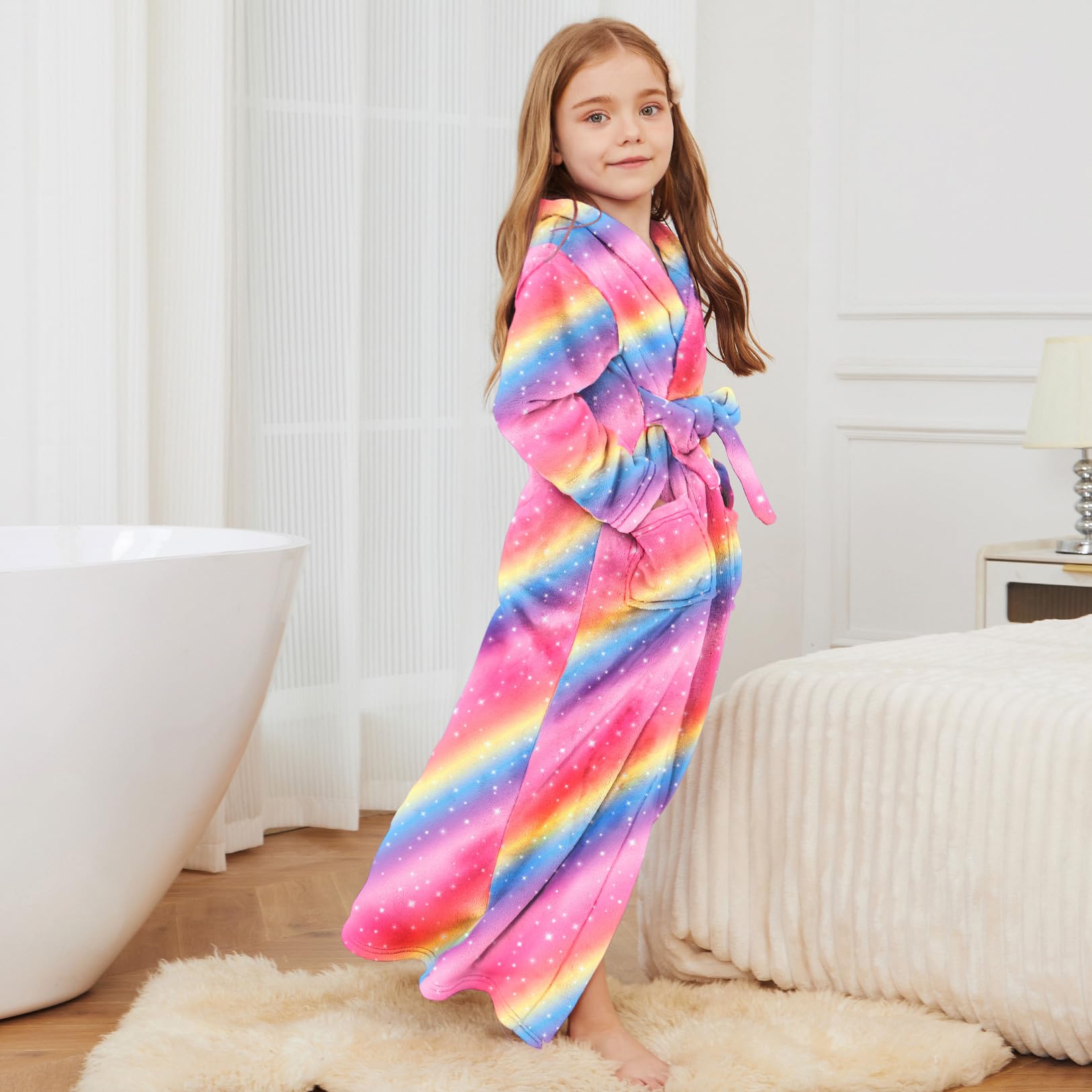 Jxstar Girls Bathrobes Kids Long Hooded Robes Plush Full Length Coral Fleece Pajamas Sleepwear