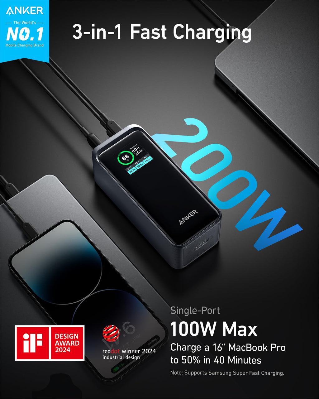 Anker Prime Power Bank, 20,000mAh 200W Portable Laptop Charger for Travel, TSA-Approved, Smart Digital Display, 2 USB-C and 1 USB-A Port, for iPhone 16/15/14 Series, Samsung, MacBook, and More