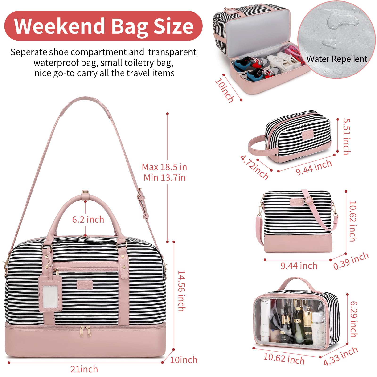 Wogarl 4PCS Weekender Bags for Women Large Overnight Weekend Travel Duffel Carry on Shoulder with Shoe Compartment Canvas Toiletry Bag for Travel Business Gym