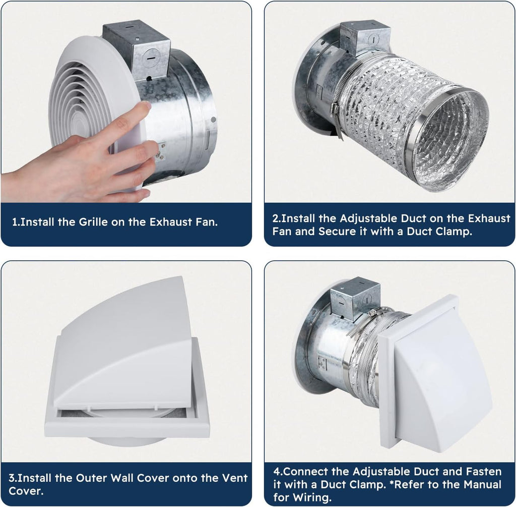 Quini 512M 6-inch Through Wall Exhaust Fan, 80 CFM 4.0 Sones, Bathroom Wall Exhaust Fan, Kitchen Ventilation Fan, 6-inch Diameter Vent, Retractable Duct, One-Year Warranty