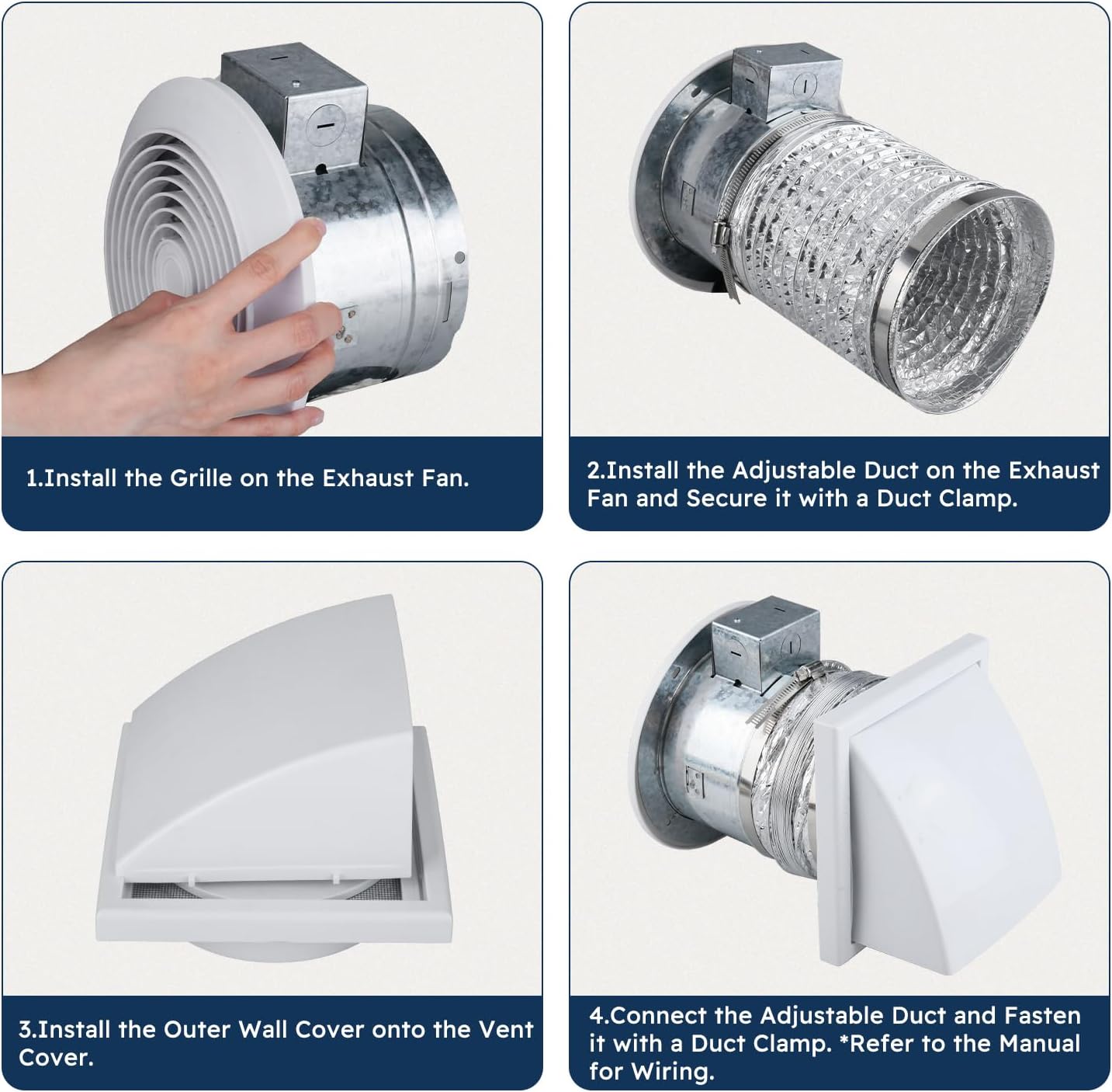 Quini 512M 6-inch Through Wall Exhaust Fan, 80 CFM 4.0 Sones, Bathroom Wall Exhaust Fan, Kitchen Ventilation Fan, 6-inch Diameter Vent, Retractable Duct, One-Year Warranty