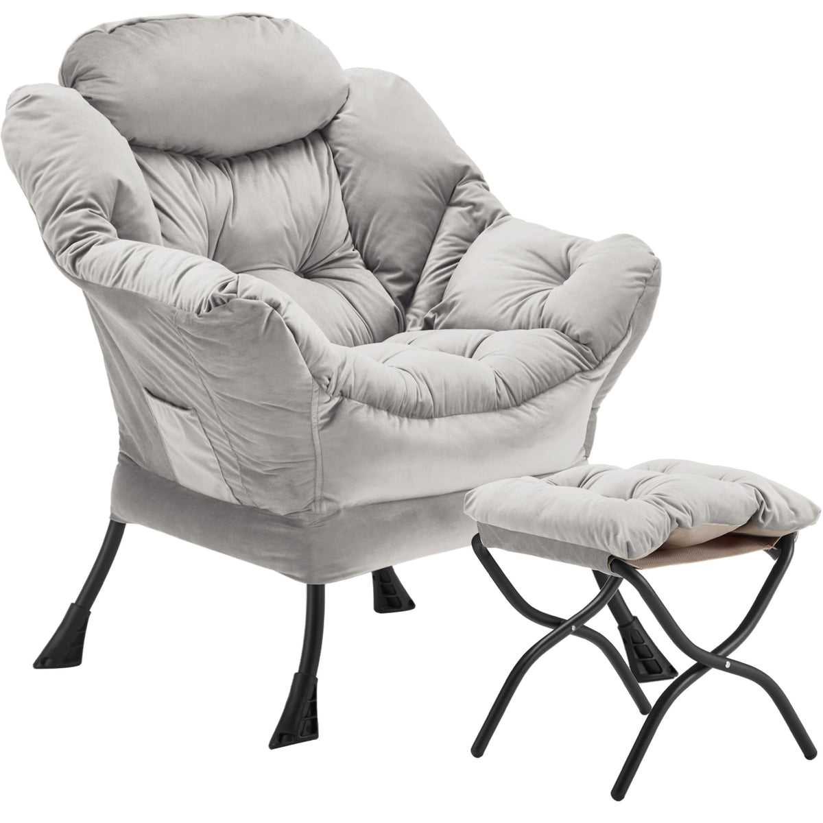 Youtanic Lazy Chair with Folding Ottoman, Accent Chair Velvet Upholstered with Metal Structure and Non-Slip Pads, Sofa Armchair with Footrest and Side Storage Bag for Dorm, Room, Office, Beige