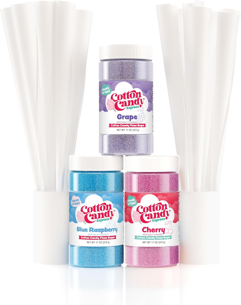 Cotton Candy Express Floss Sugar Variety Pack with 3 - 11oz Plastic Jars of Cherry, Blue Raspberry & Grape Flossing Sugars Plus 50 Paper Cotton Candy Cones