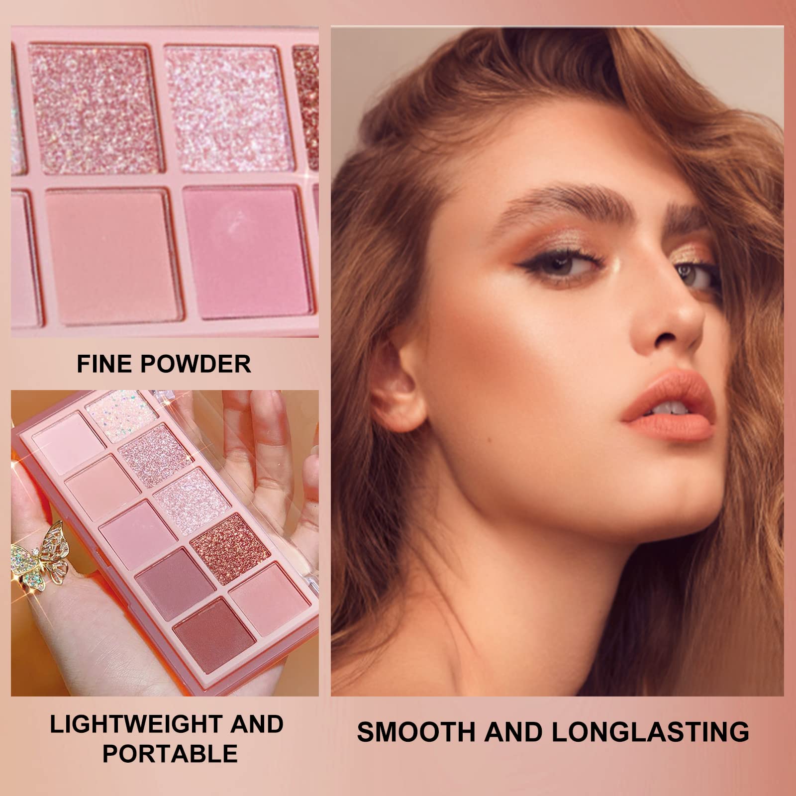 Erinde 10 Colors Eyeshadow Palette Makeup - Matte Shimmer Glitter Eye Shadow Korean Makeup, Ultra-Blendable, High Pigmented, Natural-Looking, Peach Brown Eyeshadow Pallet with Brush, Peach Color