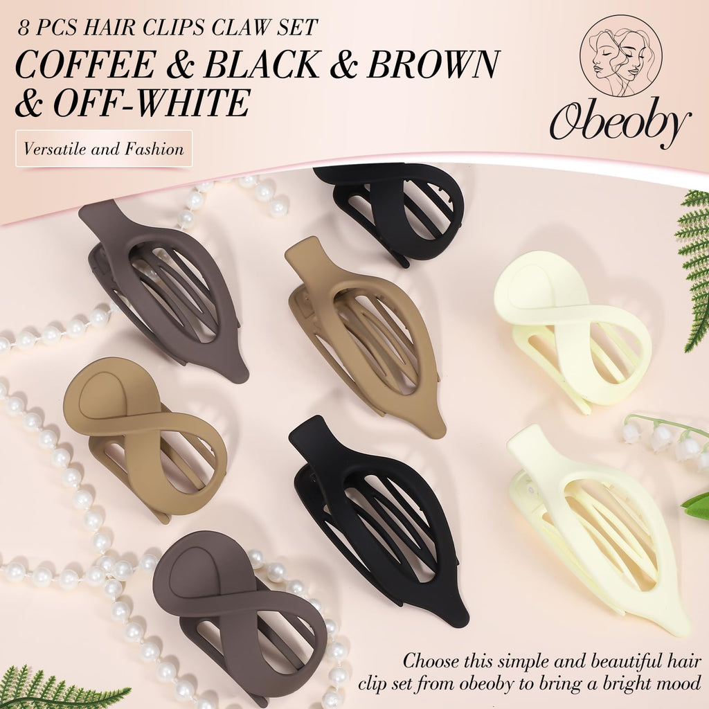 Obeoby 8 Pcs Flat Claw Clips for Women, Strong Hold French Flat Hair Clips for Thick Thin Hair Barrettes Accessories Round Large Medium (Tortoiseshell)