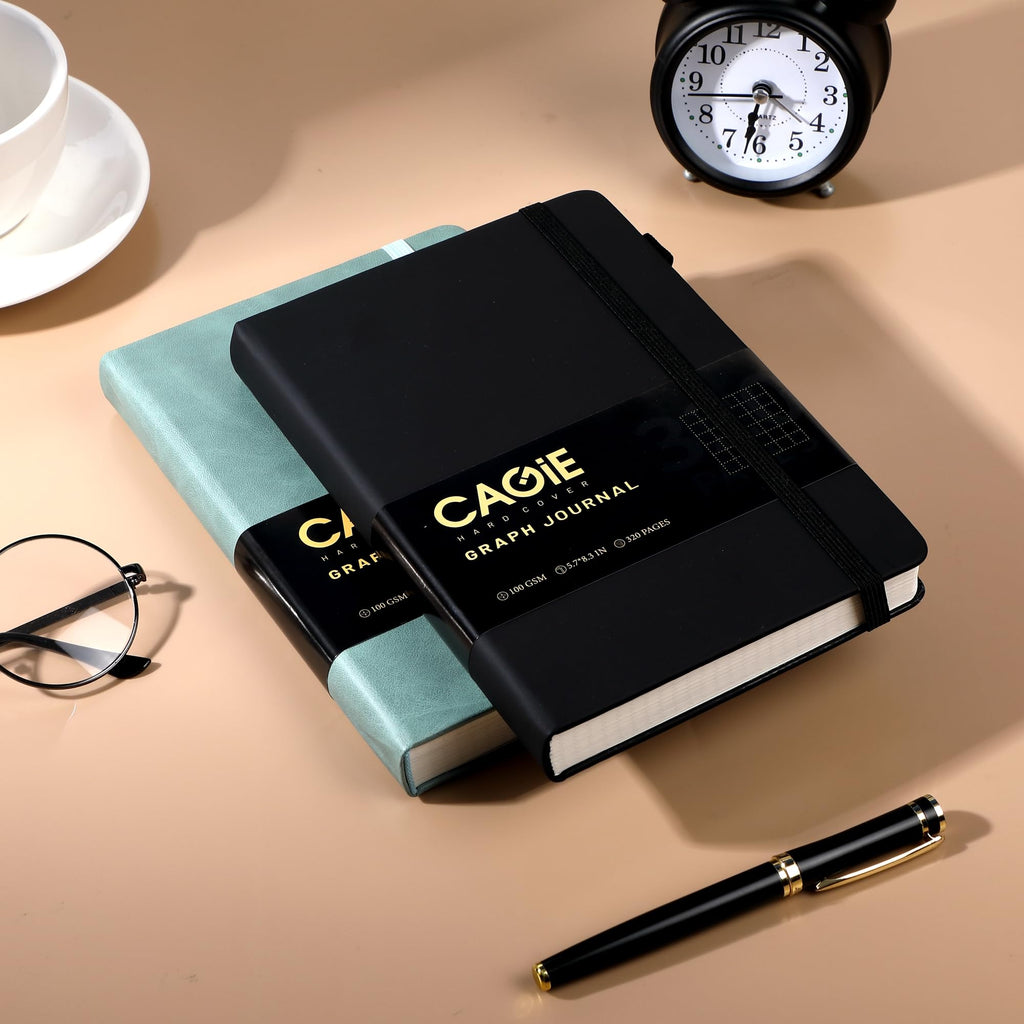CAGIE Bullet Dotted Journal Notebook 320 Pages 100 GSM Paper Hardcover A5 Dot Grid Notebook Leather Journals for Writing Women Men Work Journaling, Black