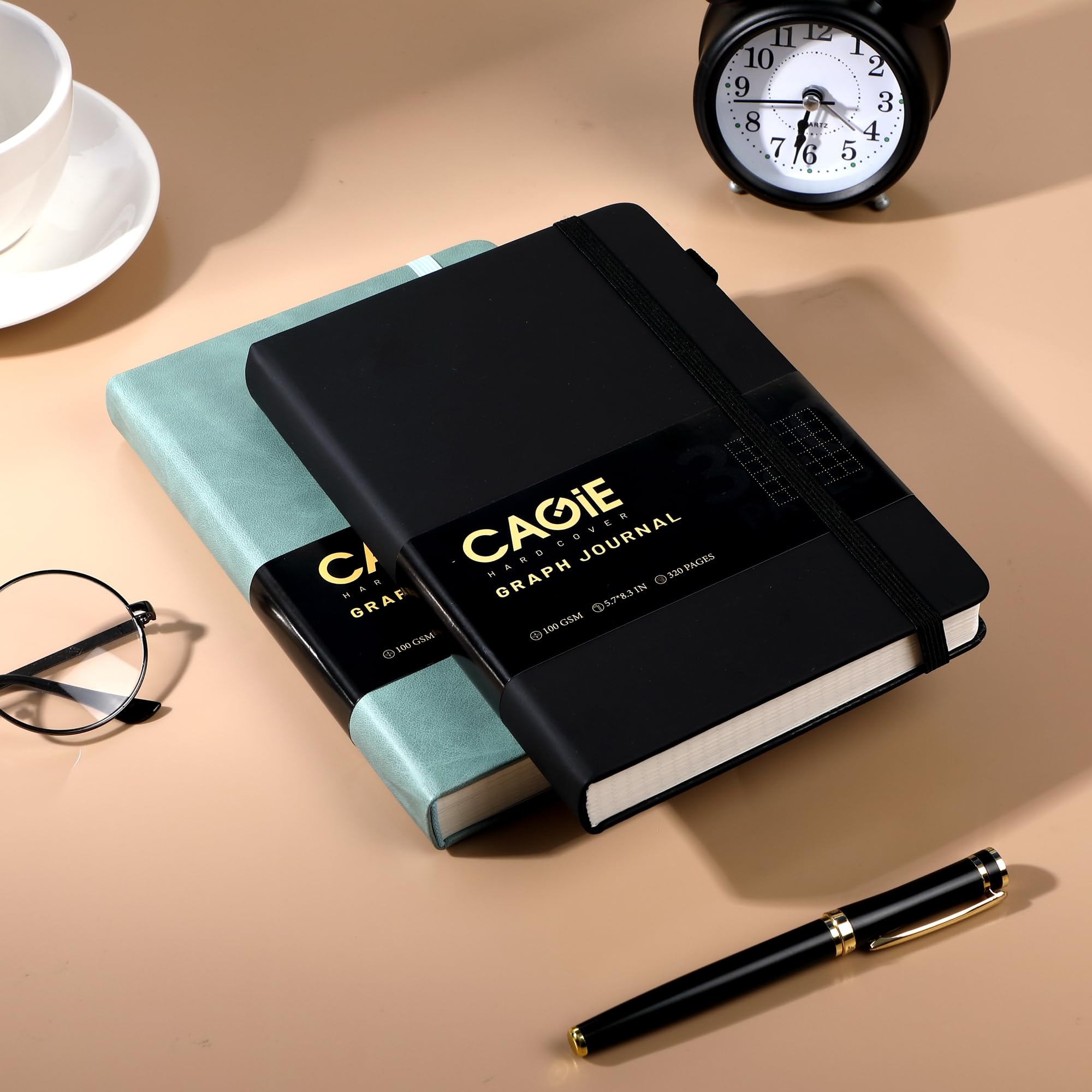 CAGIE Bullet Dotted Journal Notebook 320 Pages 100 GSM Paper Hardcover A5 Dot Grid Notebook Leather Journals for Writing Women Men Work Journaling, Black