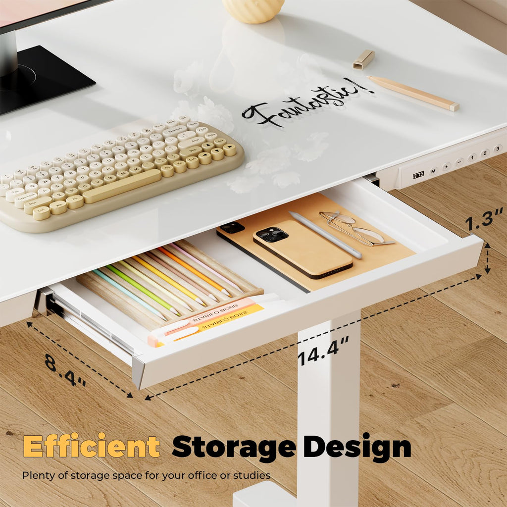 Glass Electric Standing Desk with Drawer, 35" x 20" Whole Piece Tabletop Samll Sit Stand Table, Height Adjustable Workstation with Storage & USB Ports, Quick Install Home Office Desk