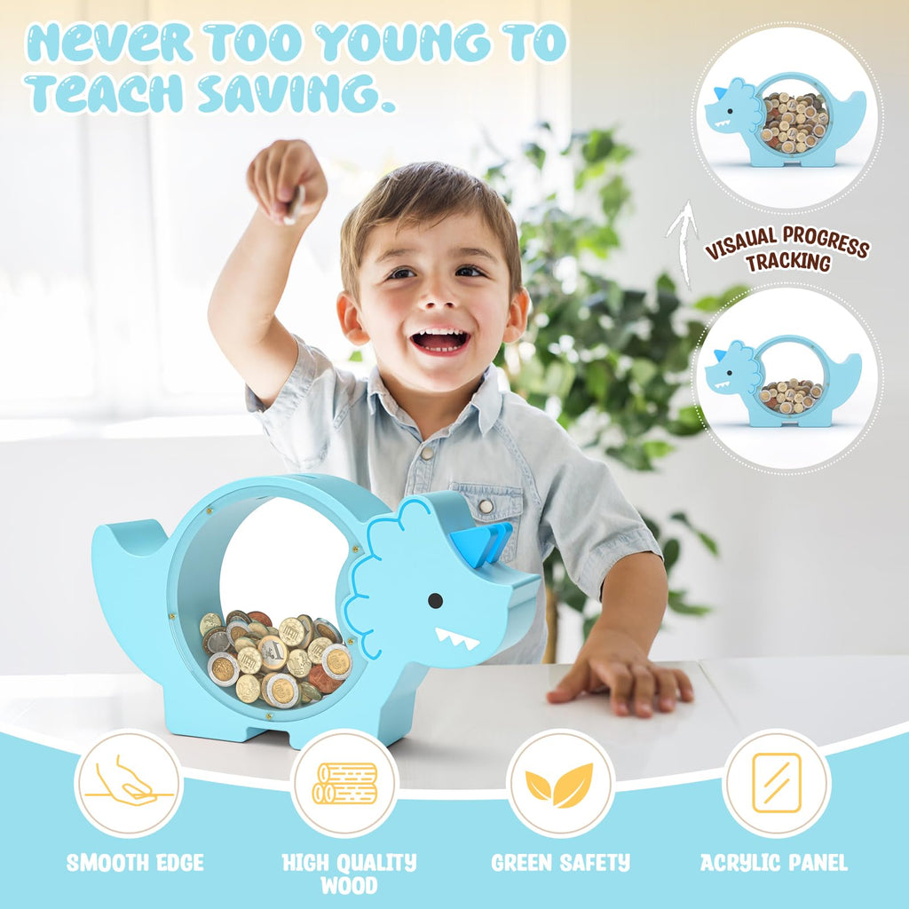 Summidate Wooden Dinosaur Piggy Bank for Kids Boys, Cute Wood Dino Money Bank for Toddlers, Creative Saving Coin Jar, Personalized Present for Child Birthday & Decor (Brachiosaurus, Custom)